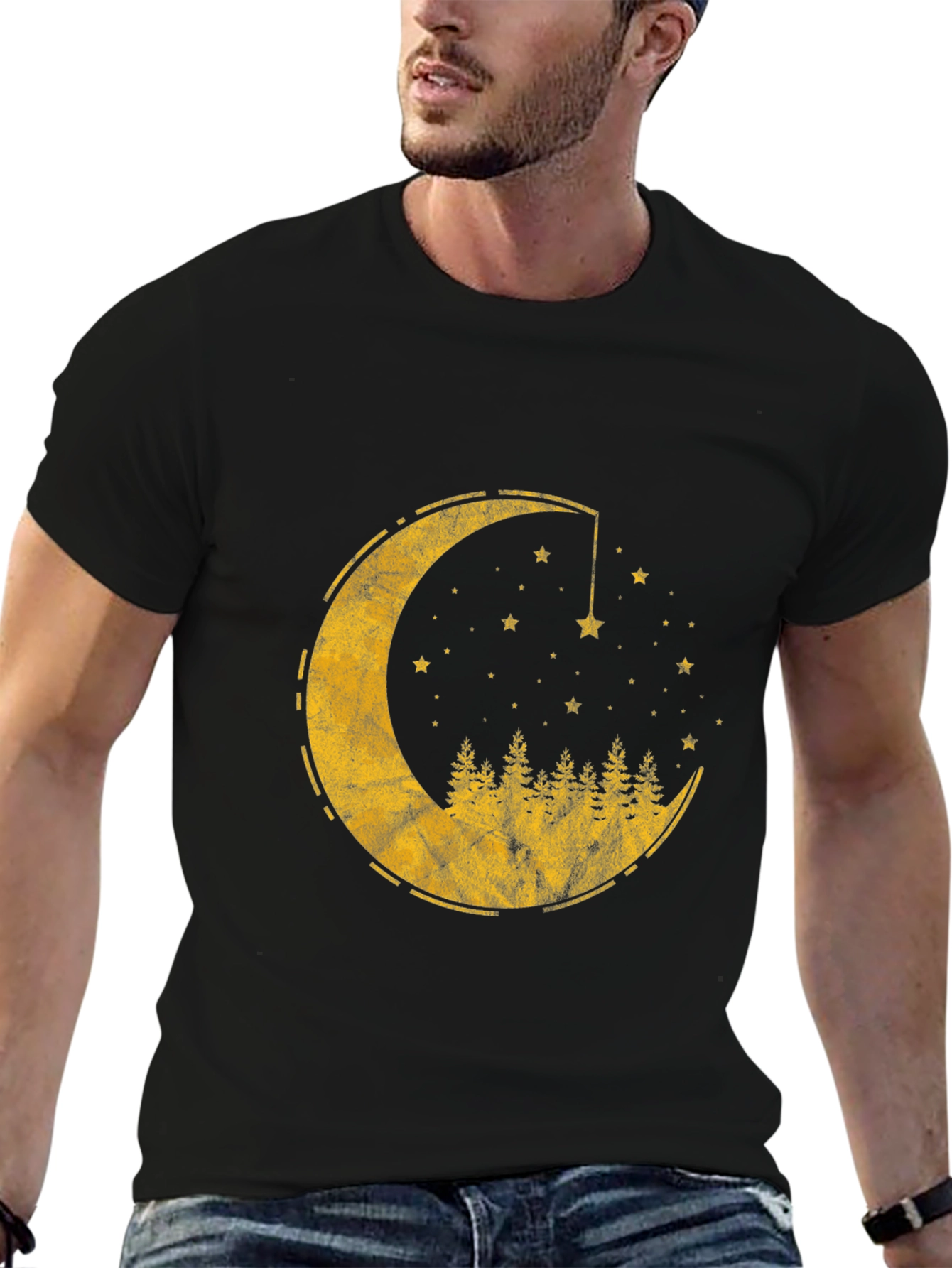 Black Crescent Moon & Forest Graphic T-Shirt - Men's Black Tee view 6