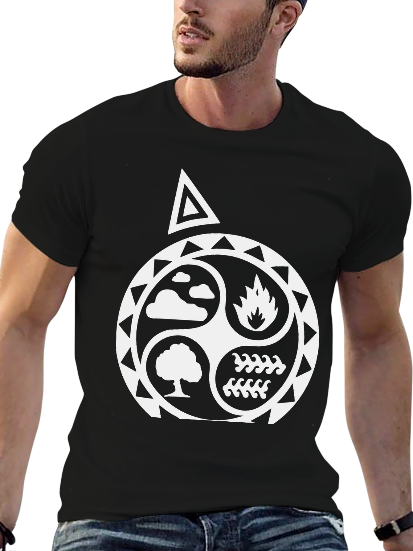 Black Elemental Black T-Shirt - Earth, Air, Fire, Water Design view 6