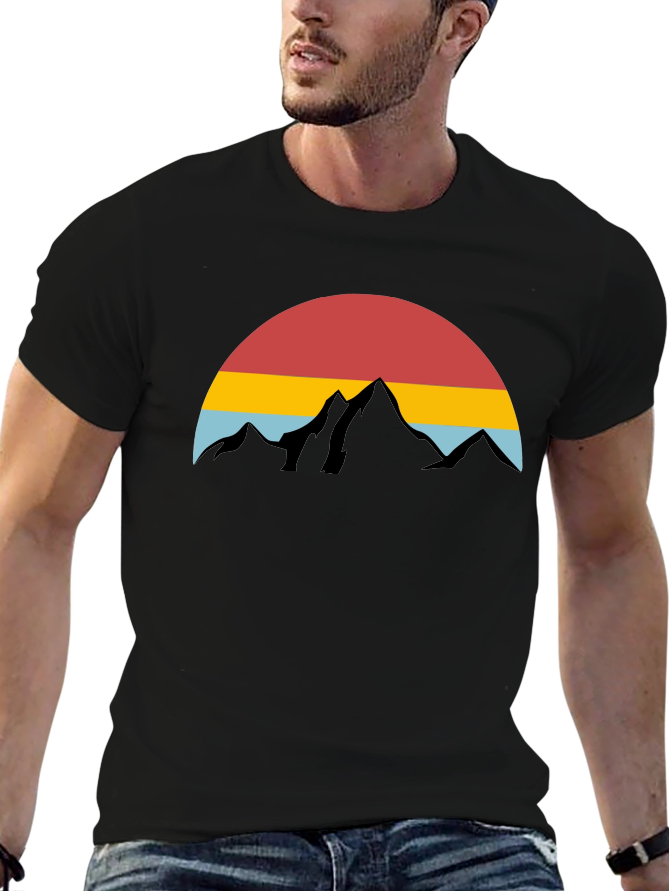 Black Retro Mountain Sunset Graphic Tee - Black Cotton Blend view 6