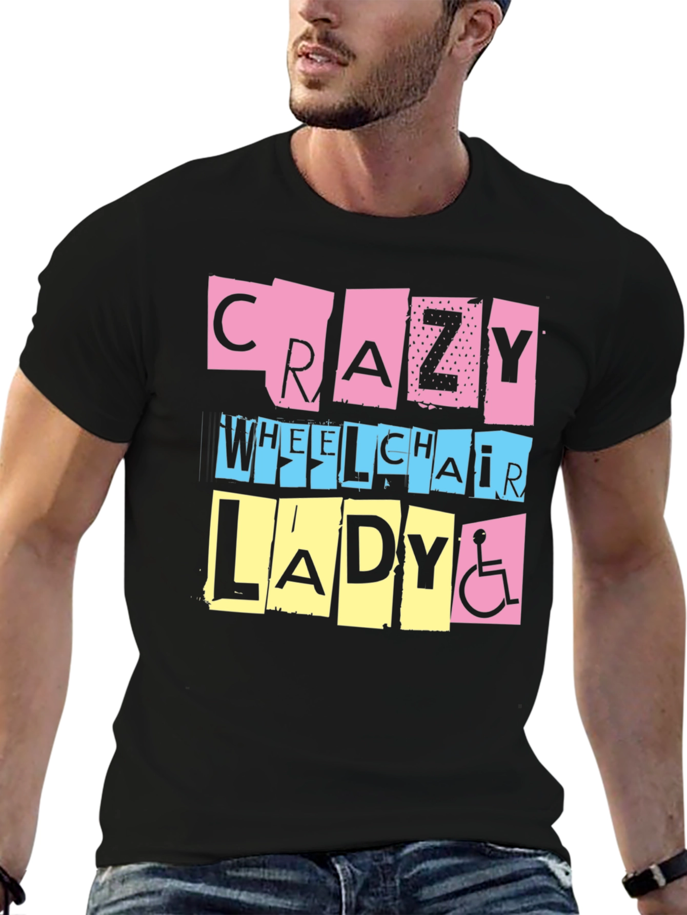Black Crazy Wheelchair Lady Graphic Tee view 6