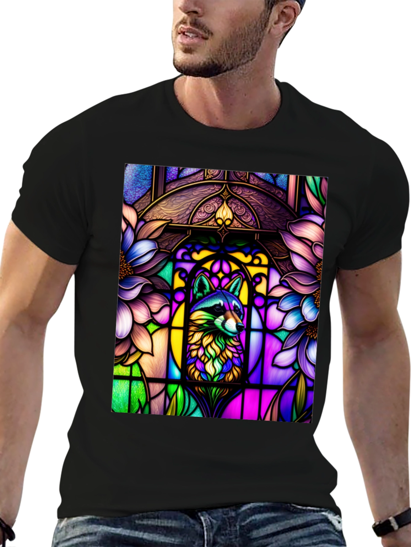 Black Stained Glass Raccoon Black T-Shirt view 6