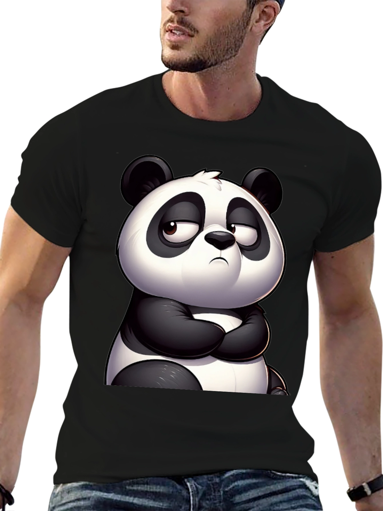 Black Grumpy Panda Graphic Tee - Black Cotton T-Shirt view 6