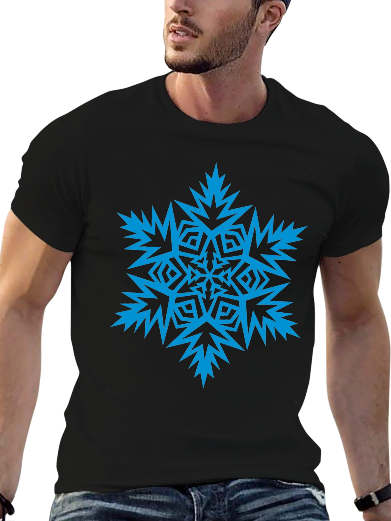 Black Blue Snowflake Graphic Black T-Shirt view 6