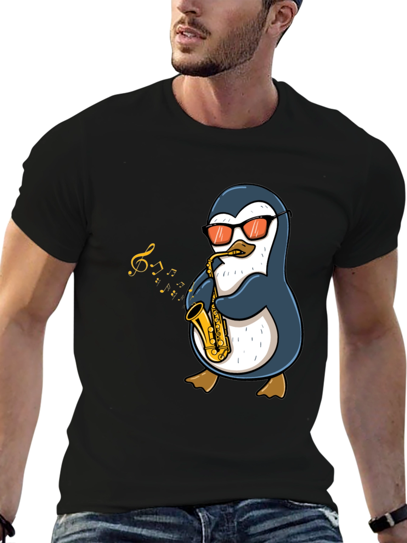 Black Penguin Sax Player Graphic T-Shirt - Cool Music Tee view 6