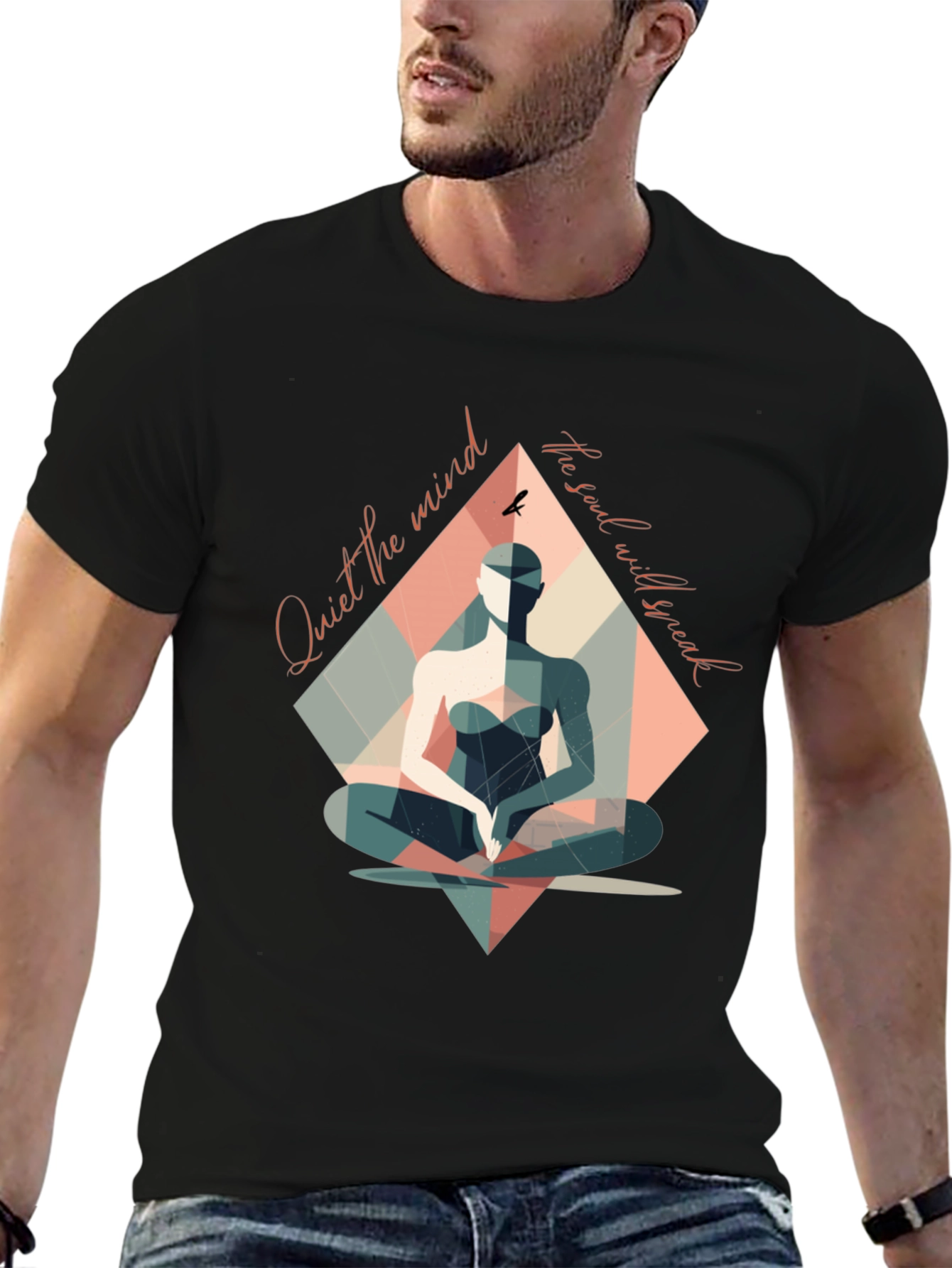 Black Mindful Meditation T-Shirt - Quiet the Mind, Speak the Soul view 6