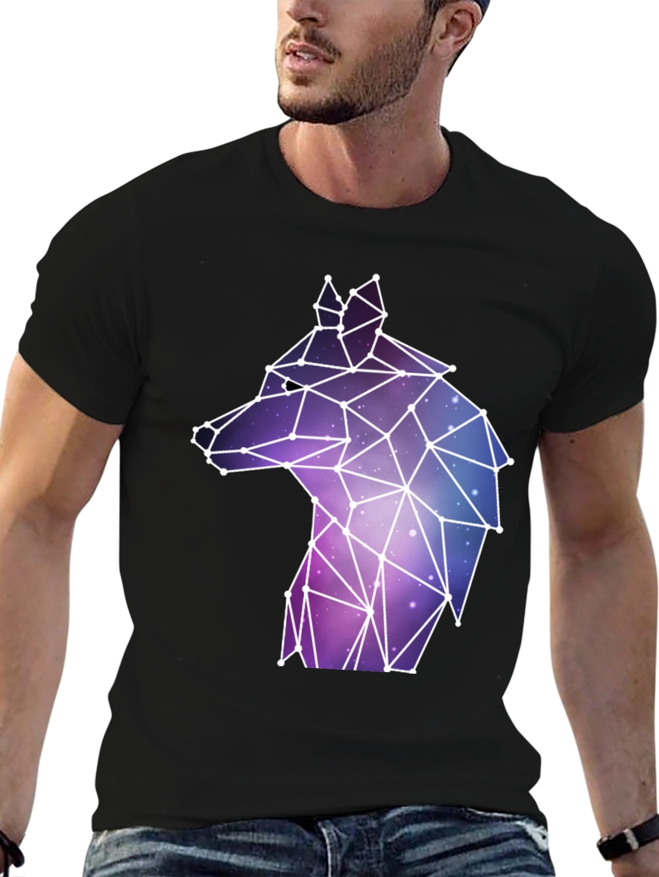 Black Geometric Wolf Galaxy T-Shirt view 6