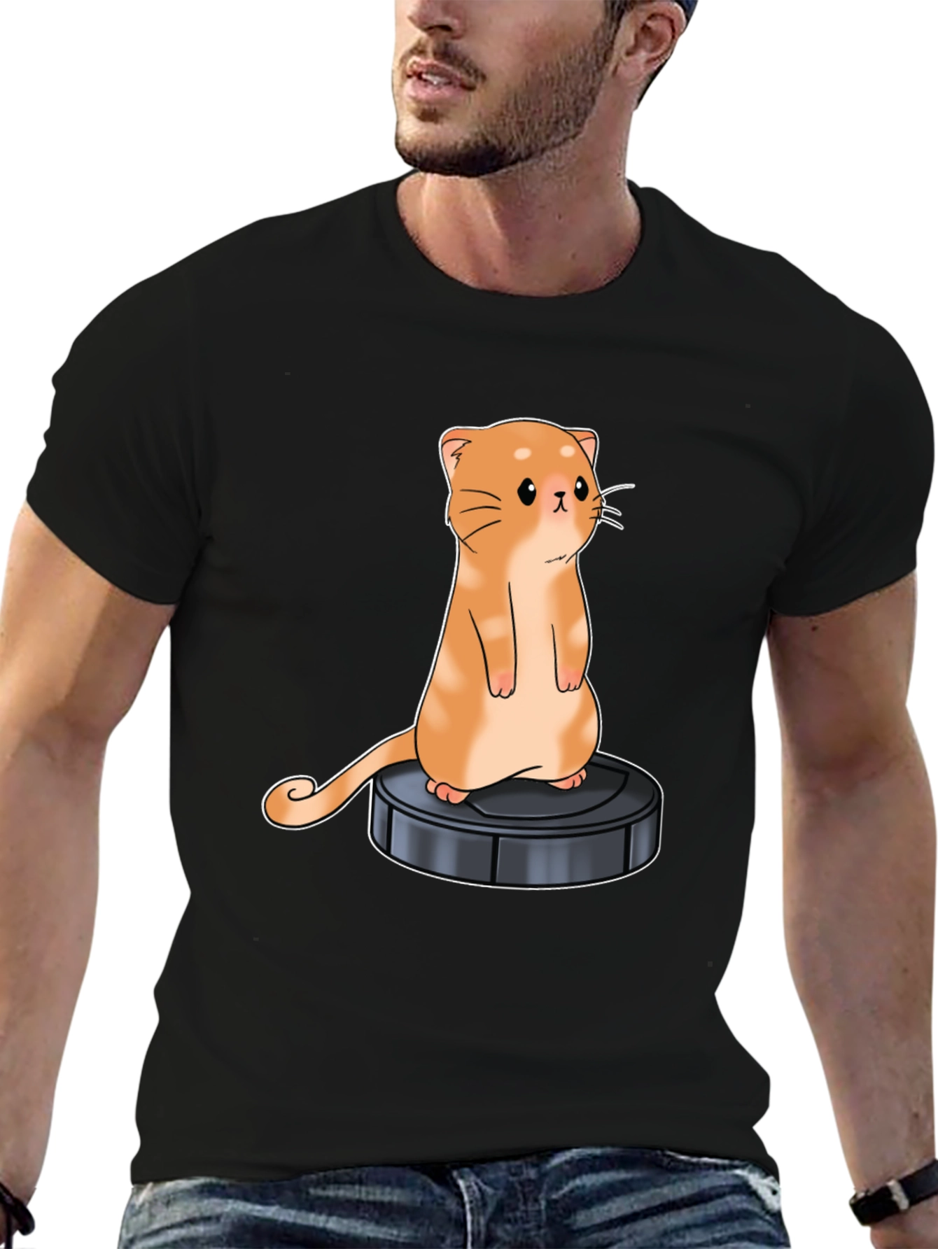 Black Cat on Robot Vacuum Graphic Tee view 6