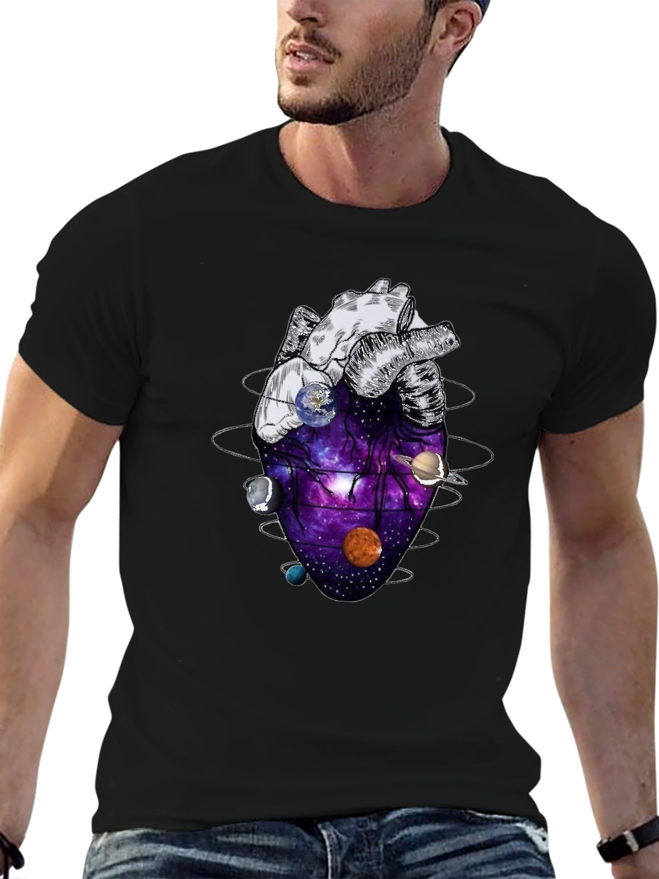 Black Anatomical Heart Planets Universe Men's T-Shirt view 6