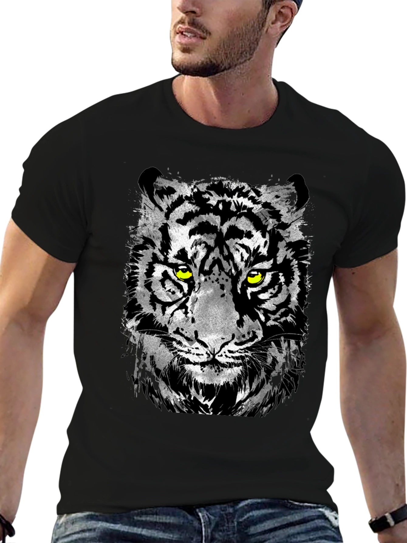 Black Men's Black T-Shirt with Tiger Graphic view 6