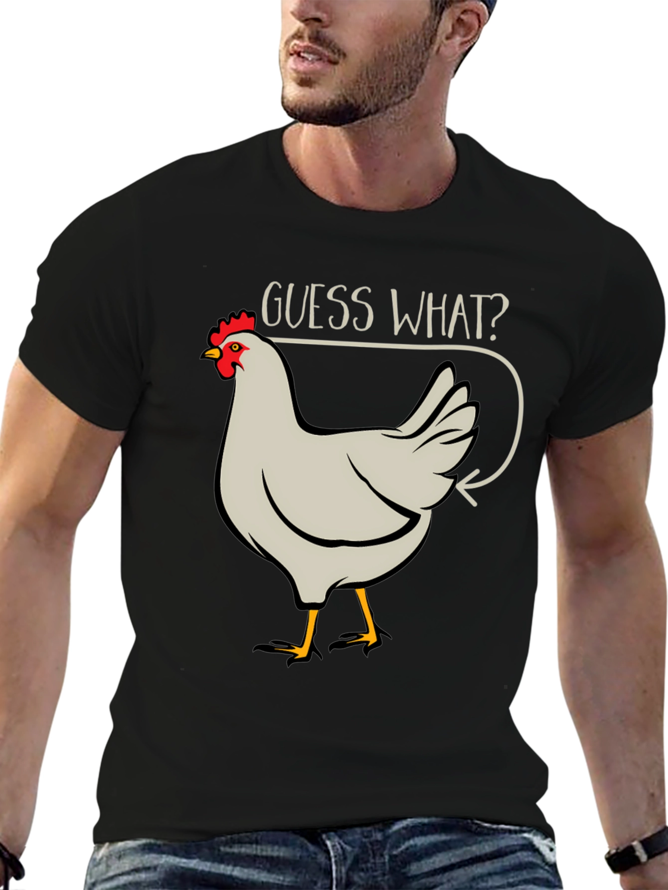 Black Guess What? Chicken Butt Men's Black T-Shirt view 6