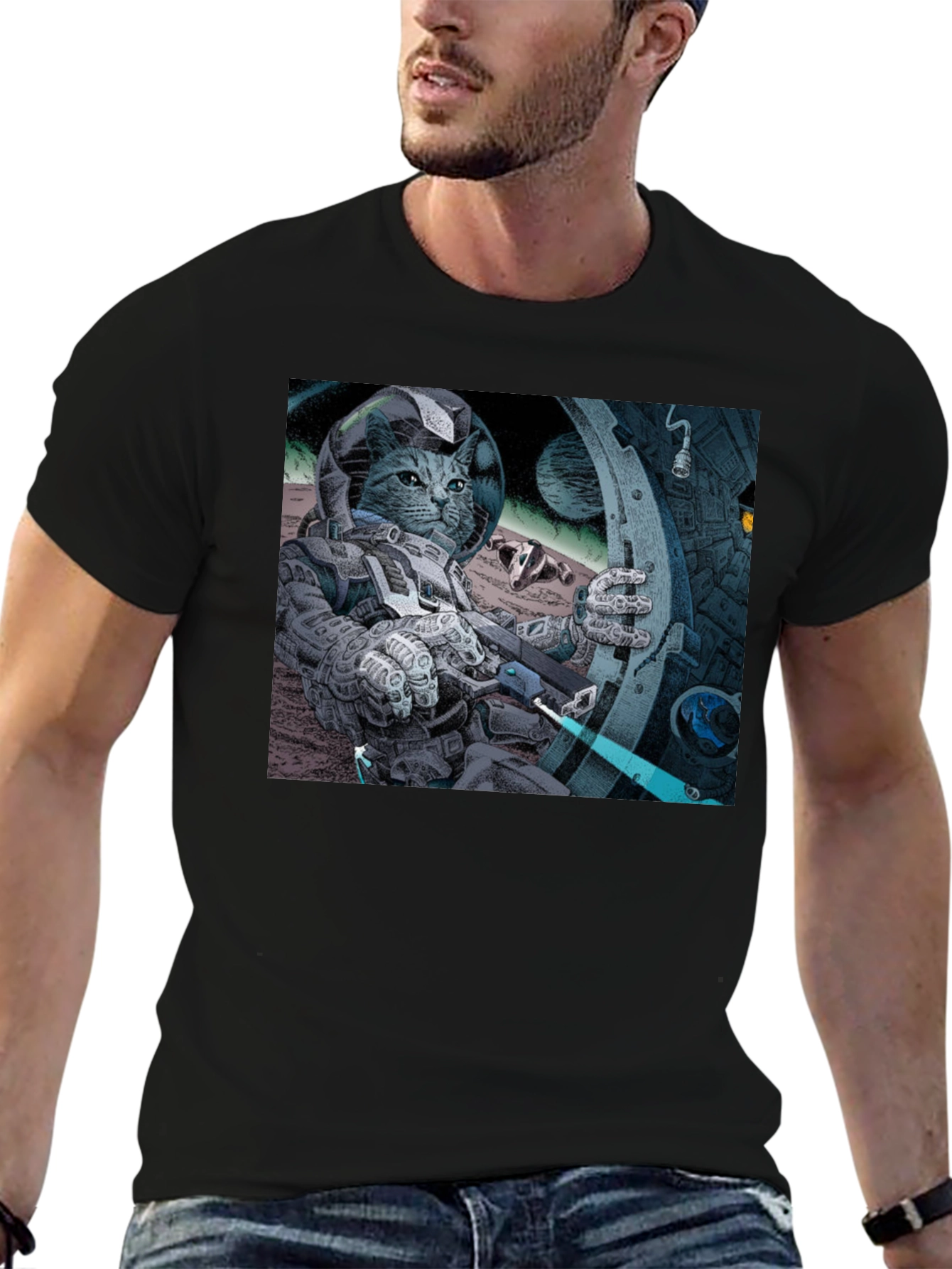 Black Cosmic Cat Astronaut T-Shirt - Cool Graphic Tee view 6