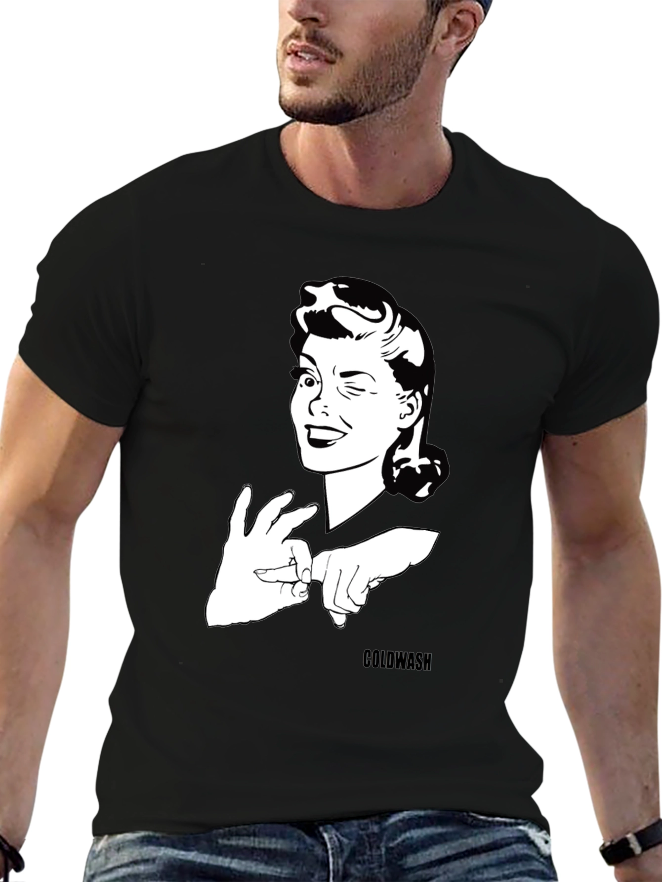 Black Winking Woman Graphic Tee - Black Cotton T-Shirt view 6