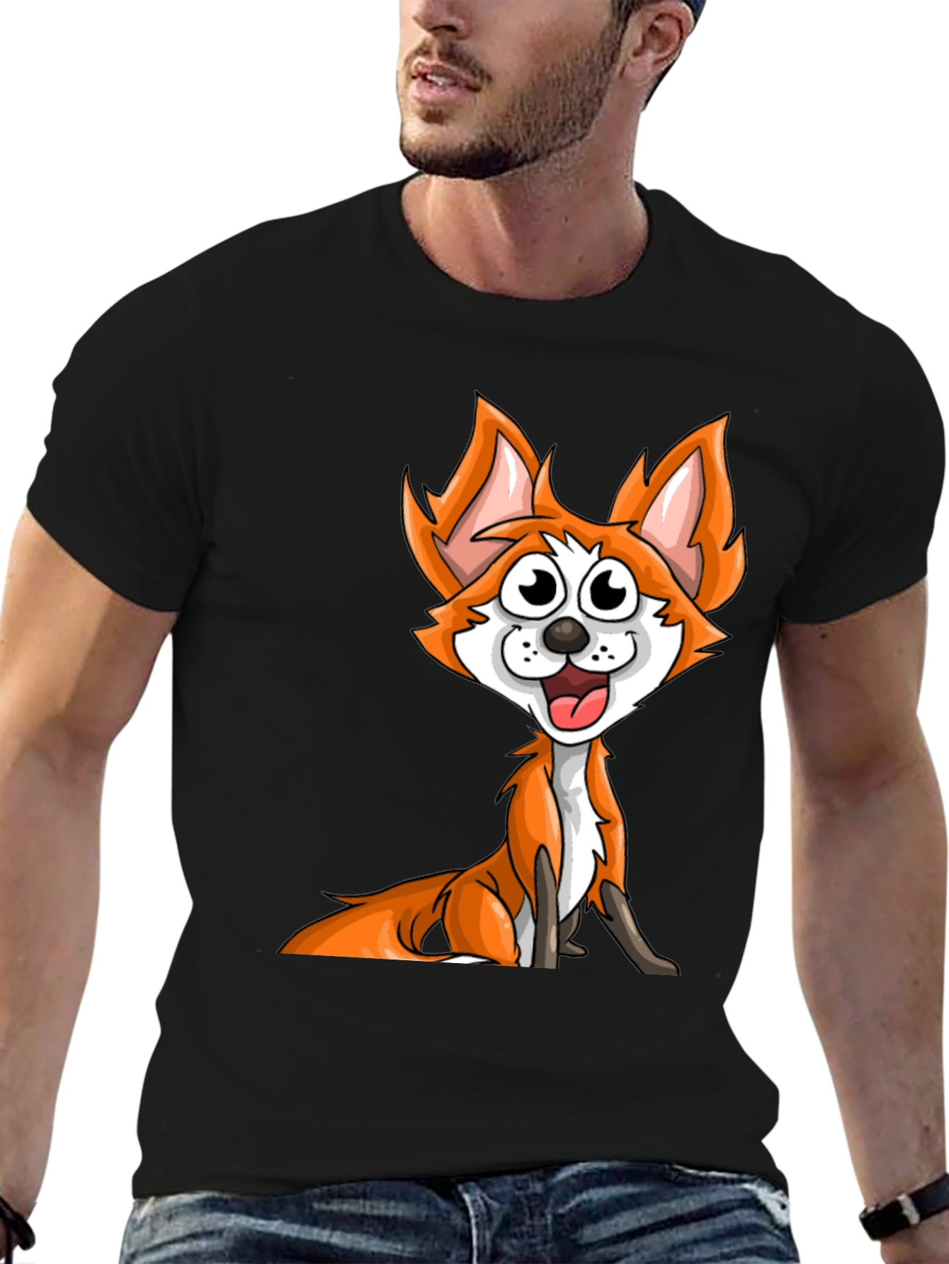 Black Cartoon Fox Graphic Tee - Black Crew Neck T-Shirt view 6