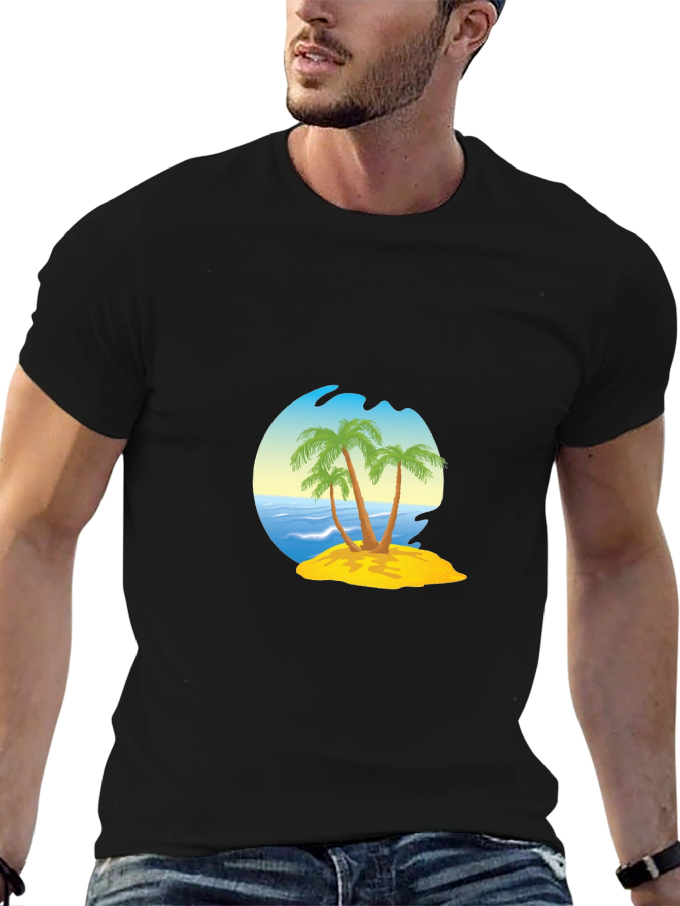 Black Island Palm Tee - Black Cotton Blend T-Shirt view 6