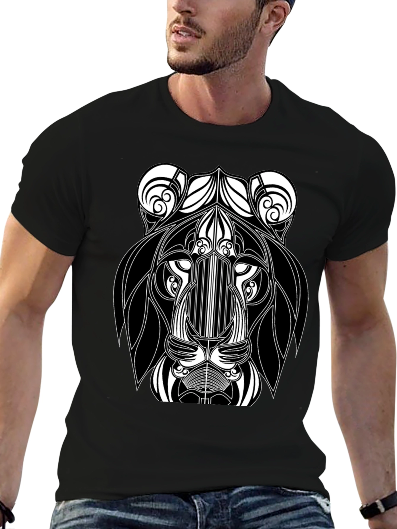 Black Abstract Lion Head Black Graphic T-Shirt view 6
