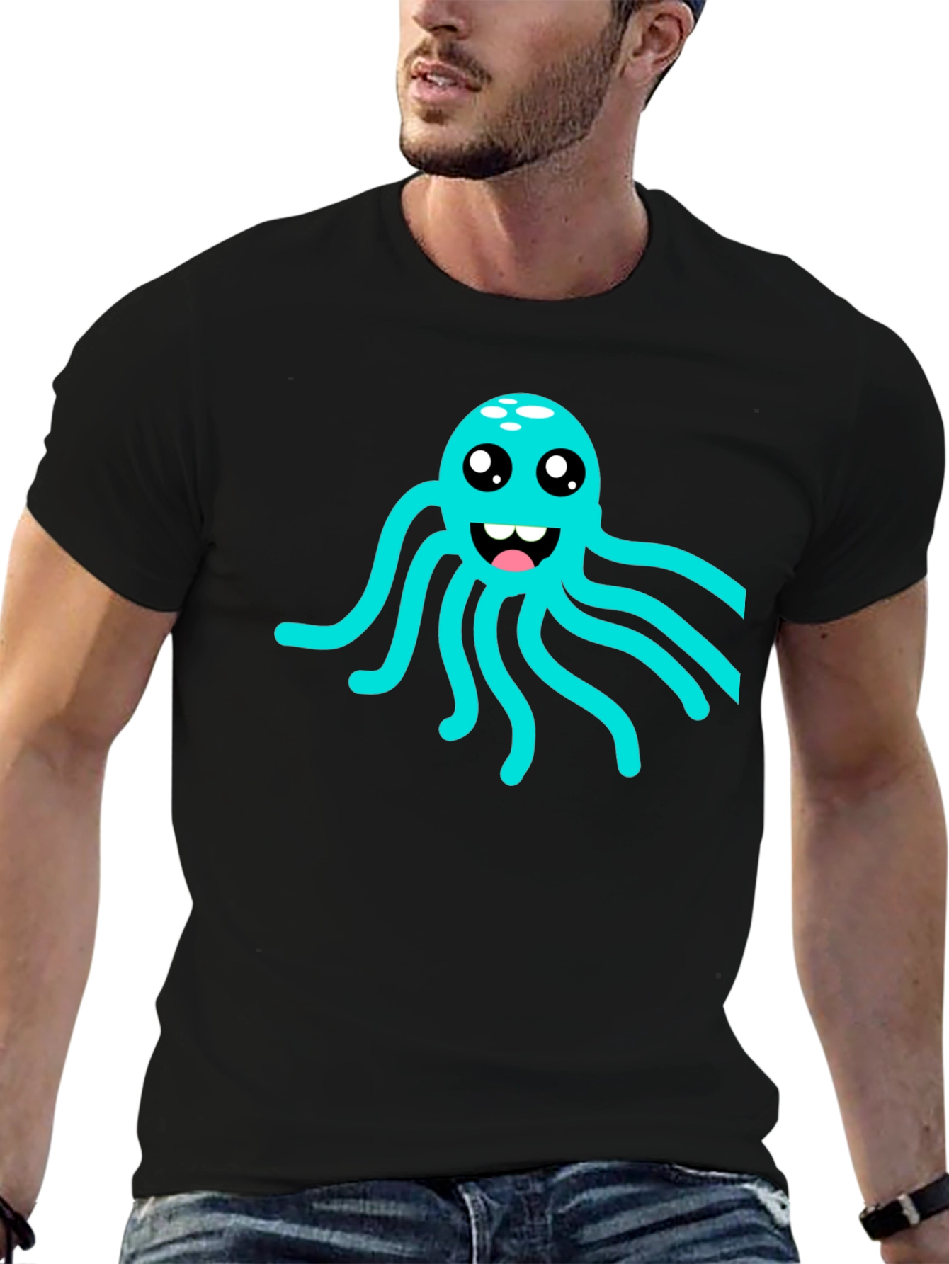 Black Cute Octopus Graphic Tee - Soft Black Cotton T-Shirt view 6