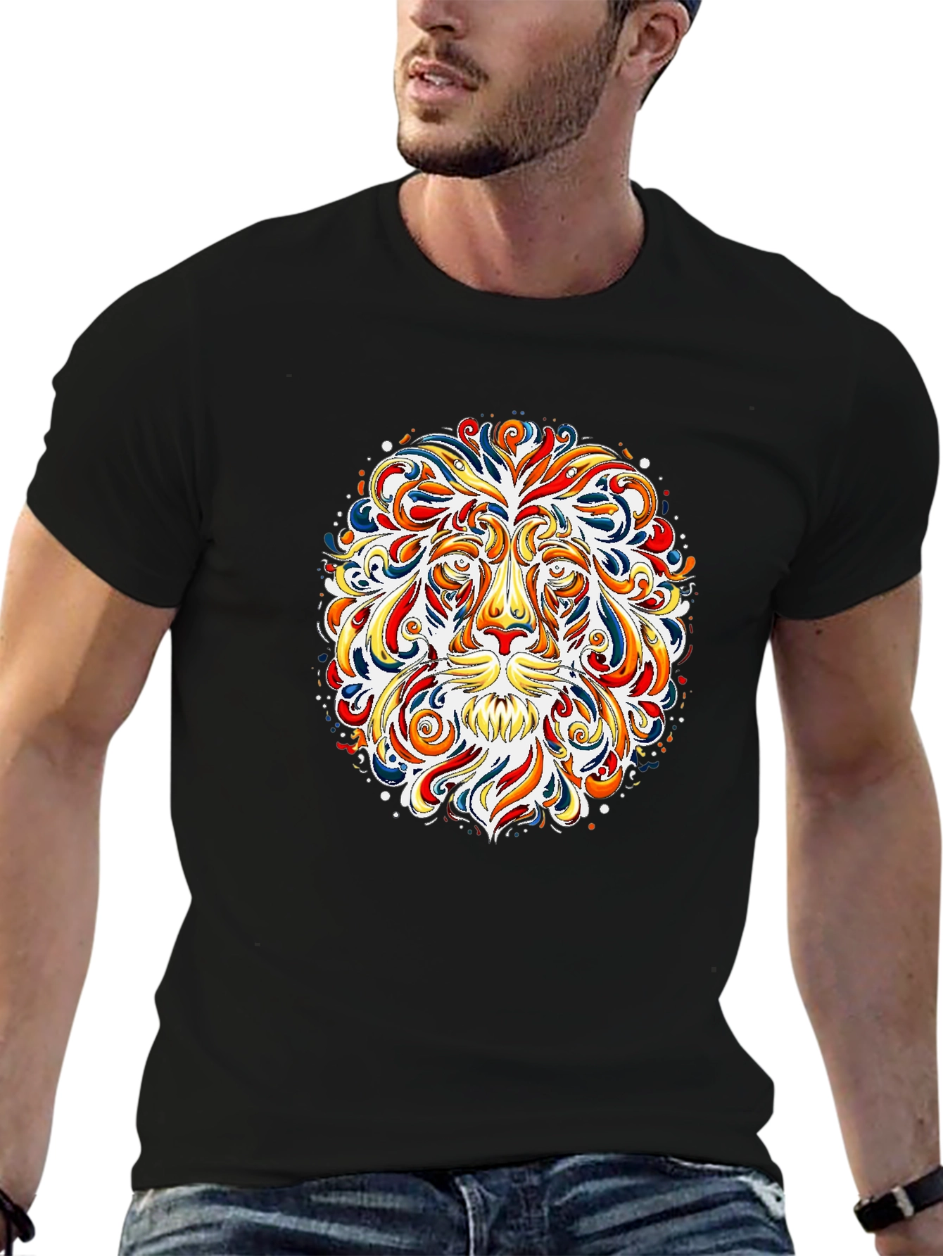 Black Vibrant Lion Graphic Tee - Bold Art T-Shirt view 6