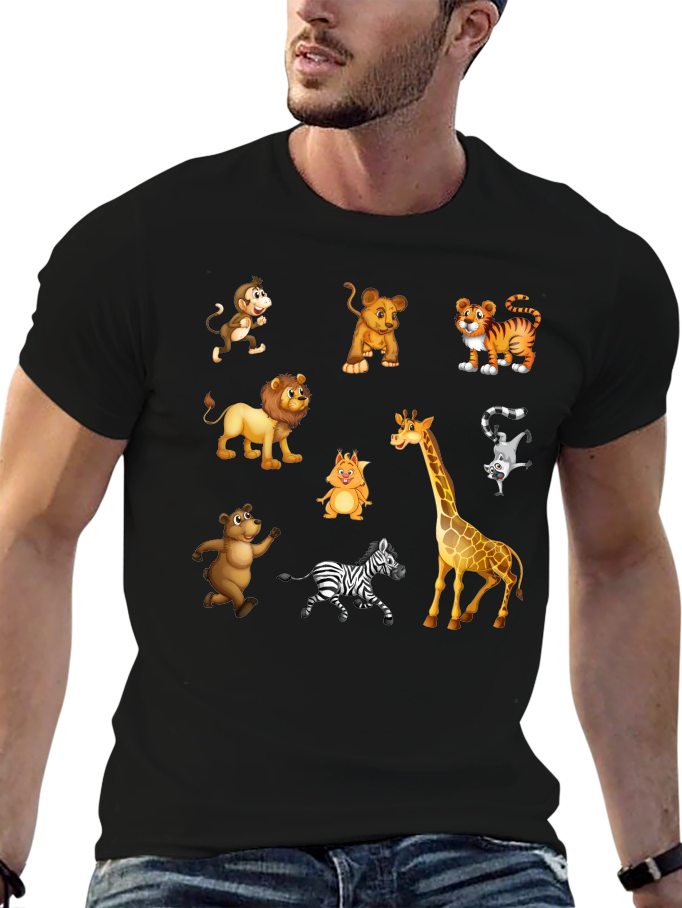 Black Cartoon Animal Print Black T-Shirt view 6