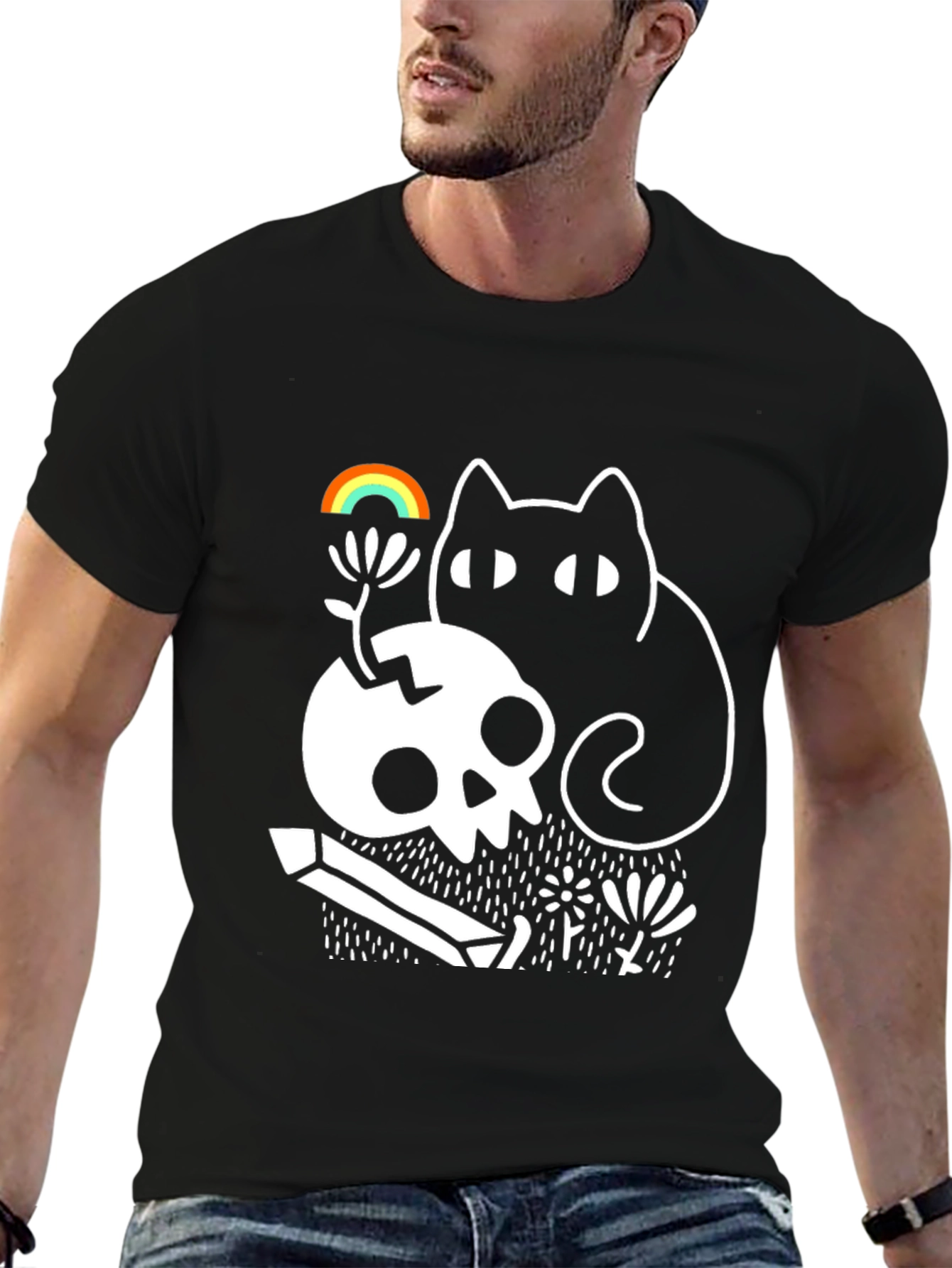 Black Gothic Whimsical Cat & Skull Graphic Tee view 6