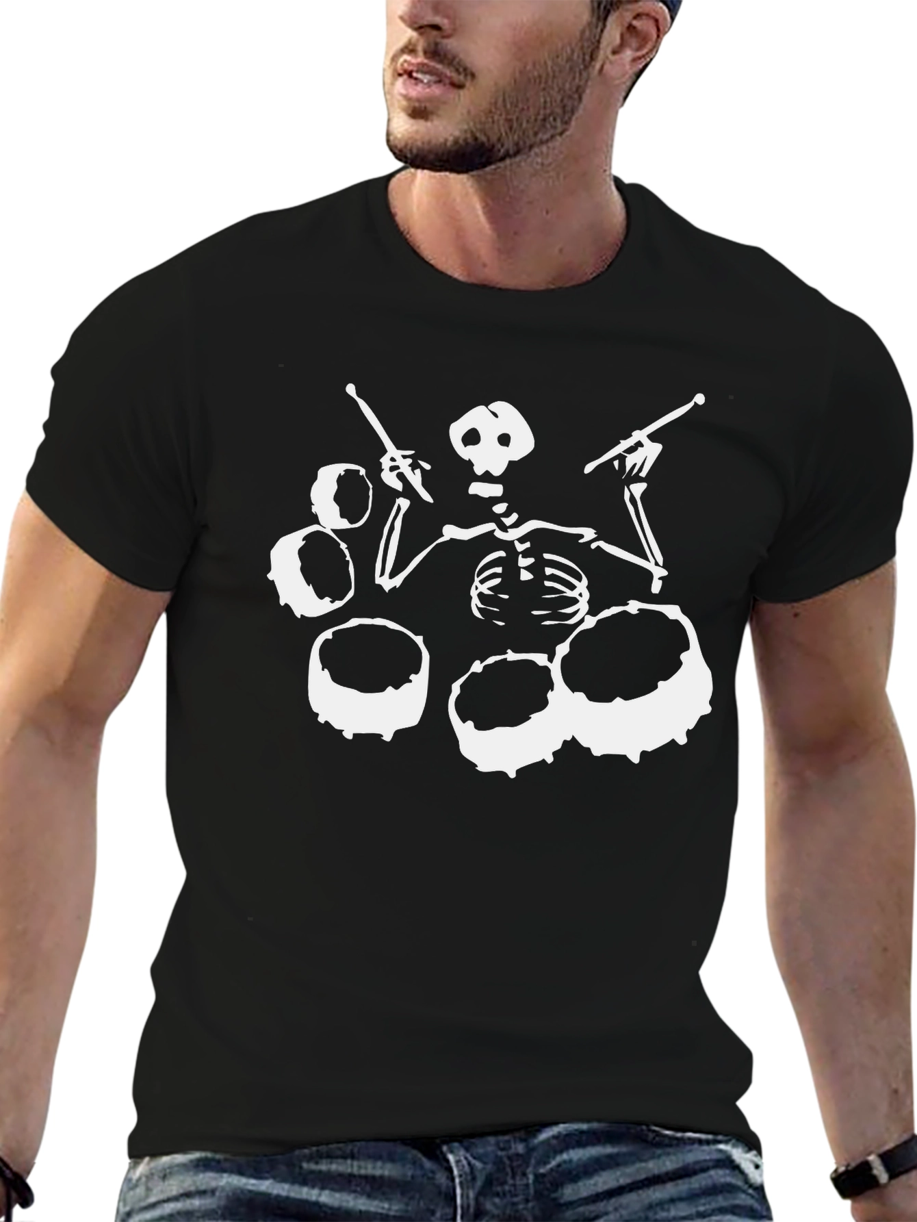 Black Skeleton Drummer Black T-Shirt - Rock Band Tee view 6