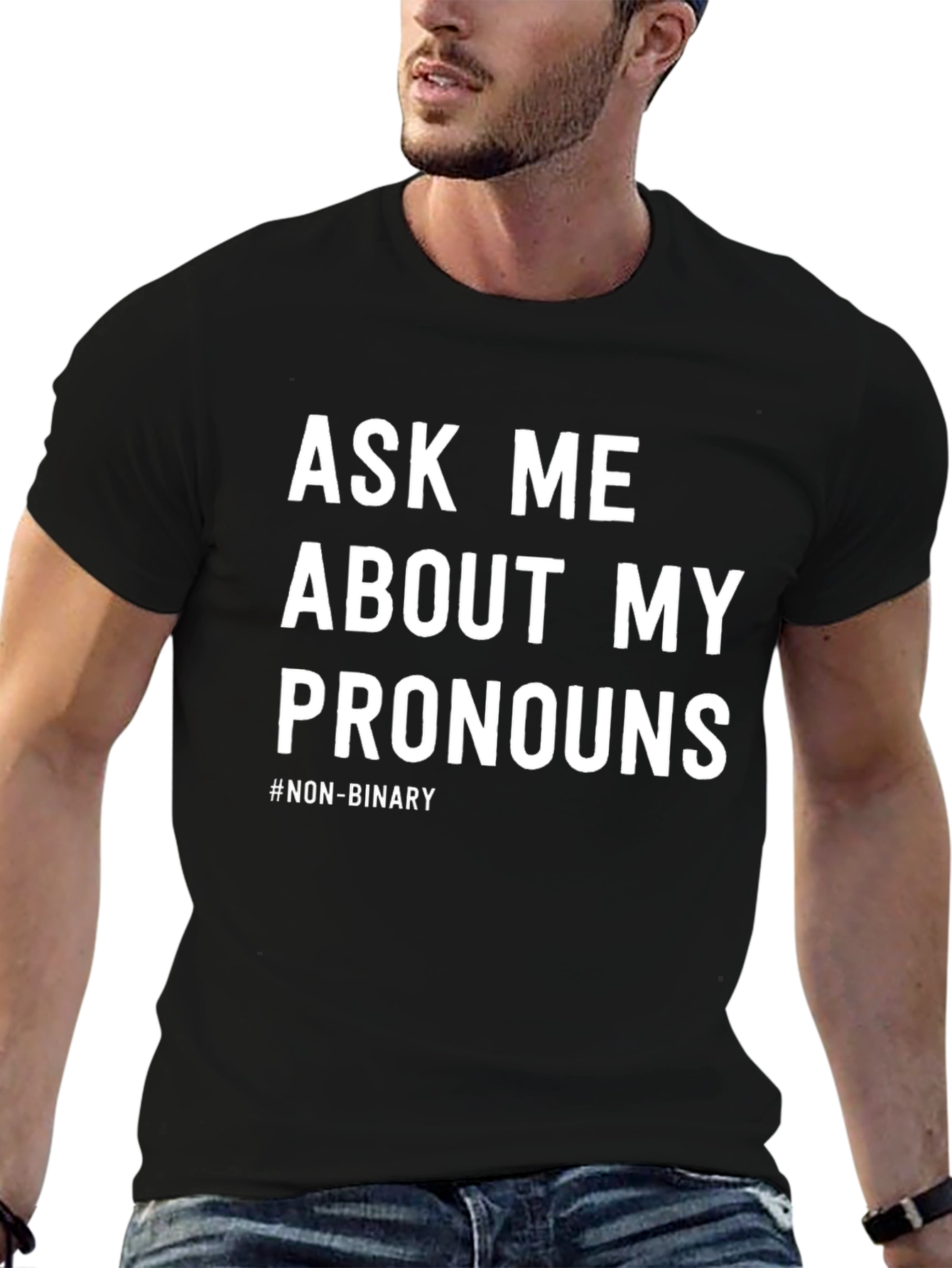 Black Ask Me About My Pronouns T-Shirt - Non-Binary Pride view 6