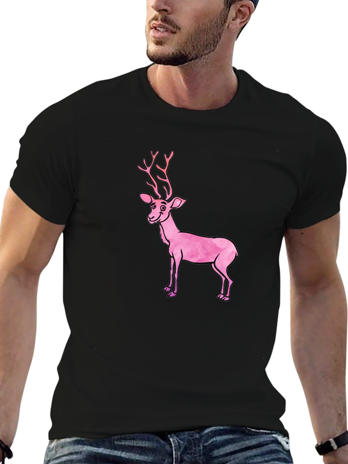 Black Black T-Shirt with Pink Deer Graphic view 6
