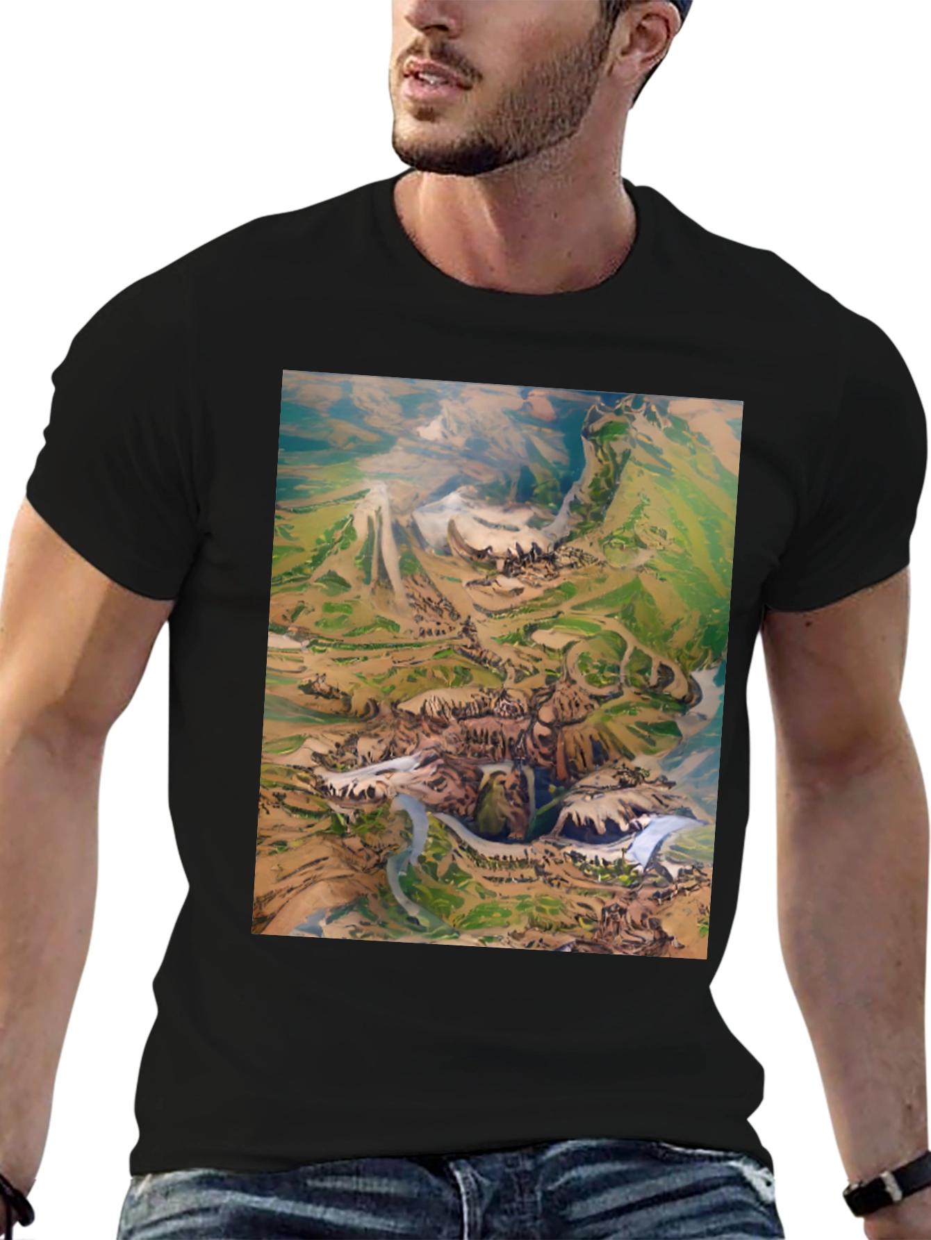 Black Artistic Landscape Print Black T-Shirt view 6