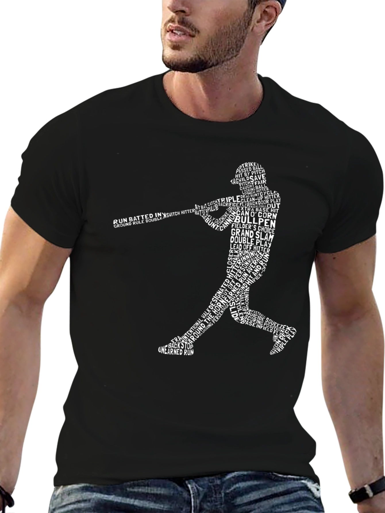 Black Baseball Word Art T-Shirt - Batter Silhouette Tee view 6