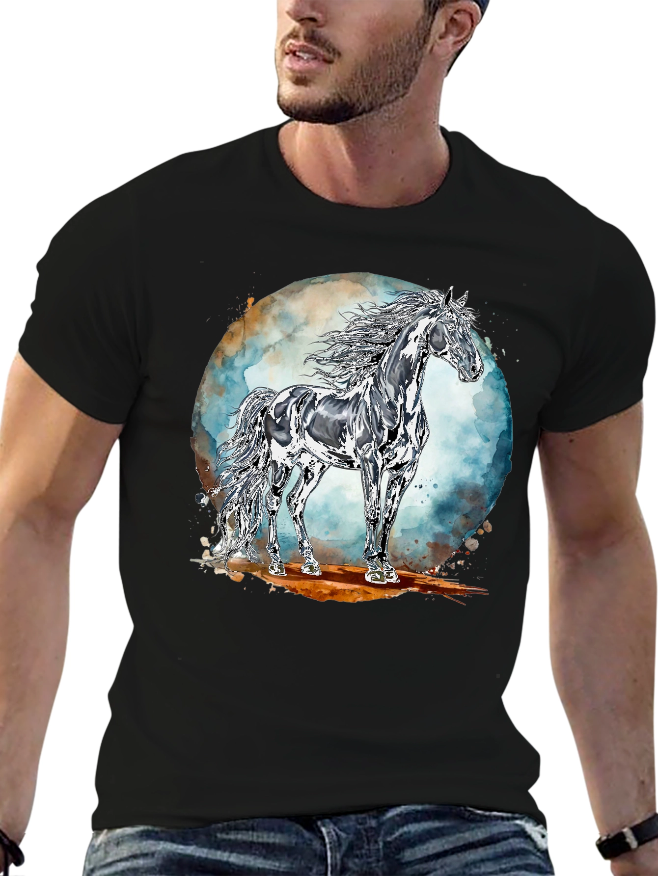 Black Majestic Horse Graphic Tee - Black Cotton Blend view 6