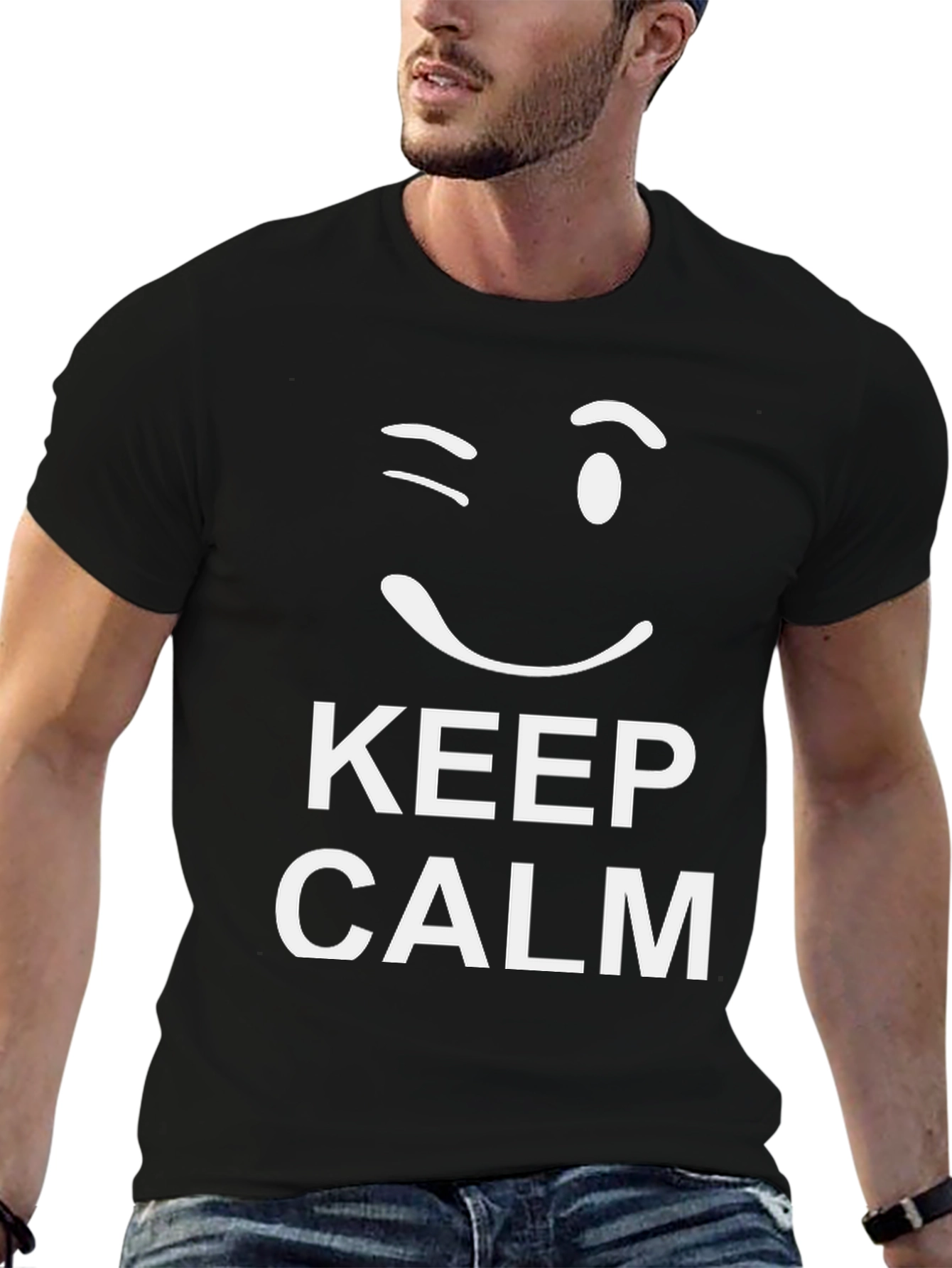Black Keep Calm Wink Graphic Tee - Black Cotton T-Shirt view 6
