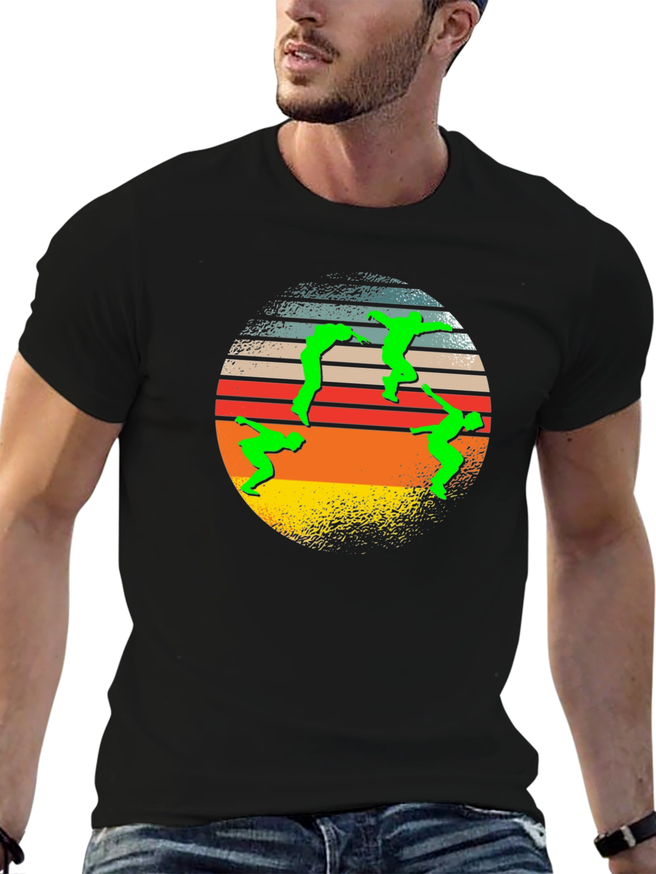 Black Retro T-Shirt with Green Figure Circle Design view 6
