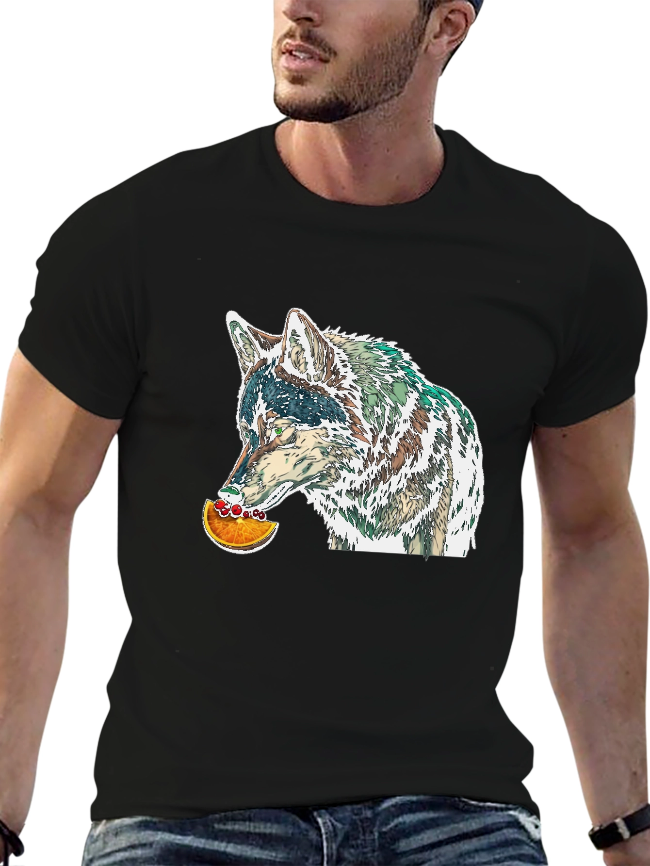 Black Wolf Eating Orange Graphic Tee - Casual Black T-Shirt view 6