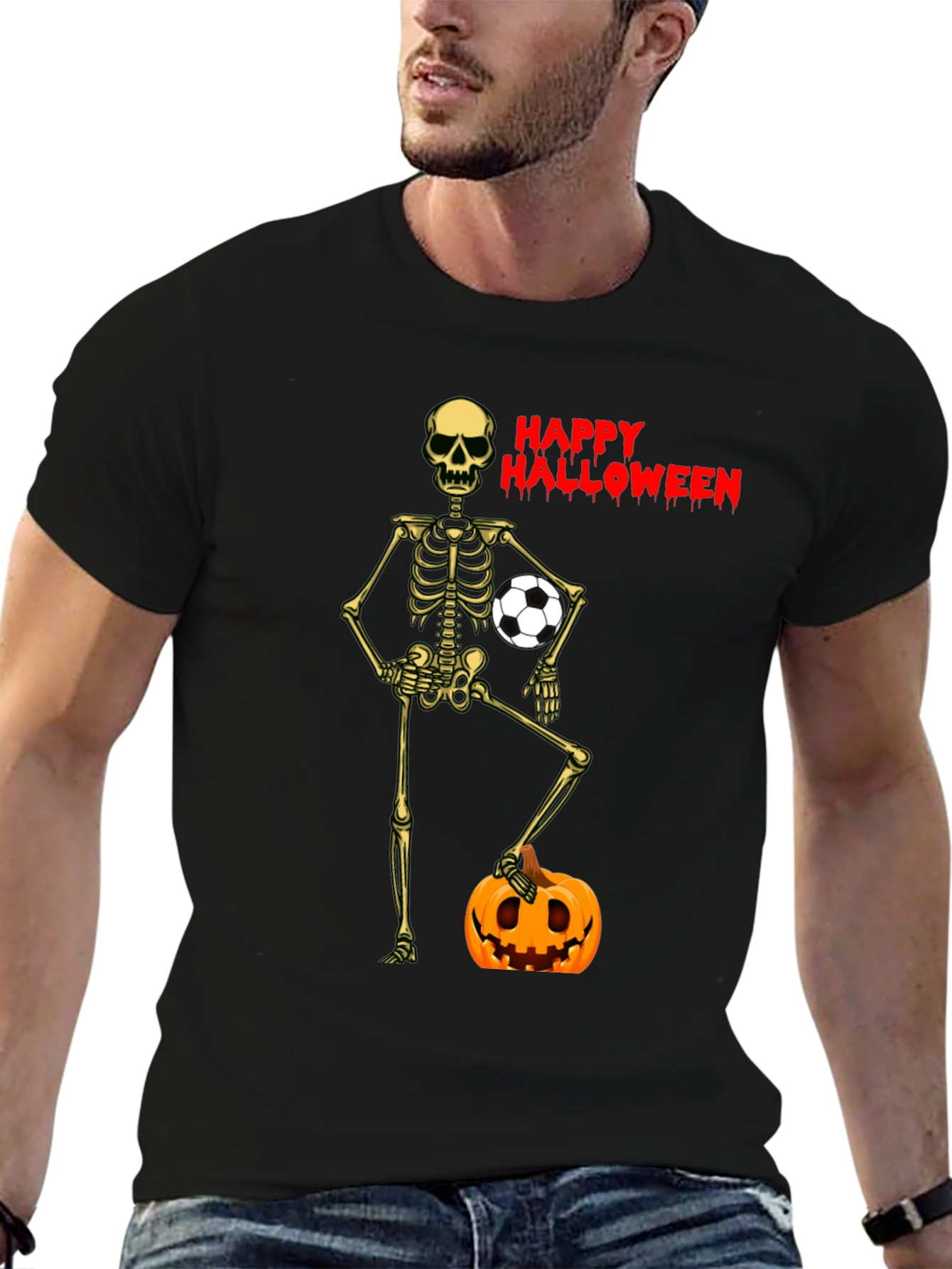 Black Happy Halloween Skeleton Soccer T-Shirt view 6