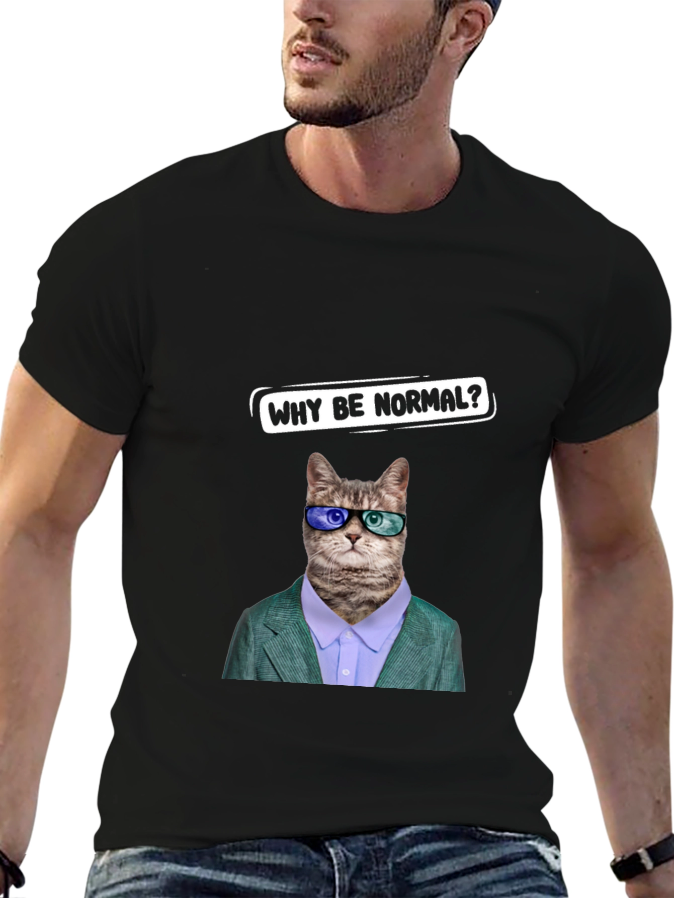 Black Funny Cat T-Shirt - Why Be Normal? view 6