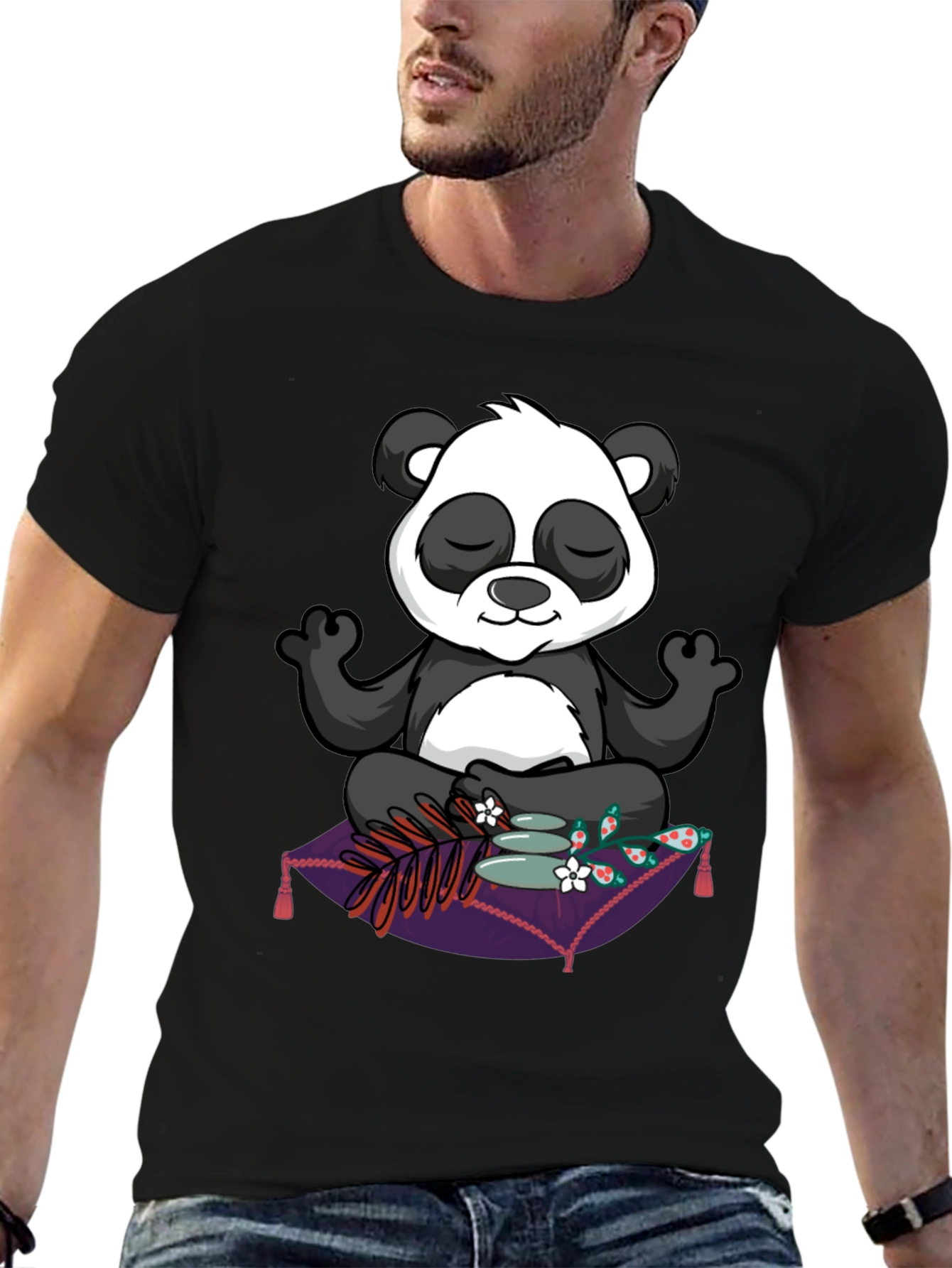 Black Zen Panda T-Shirt: Meditating Panda Design view 6