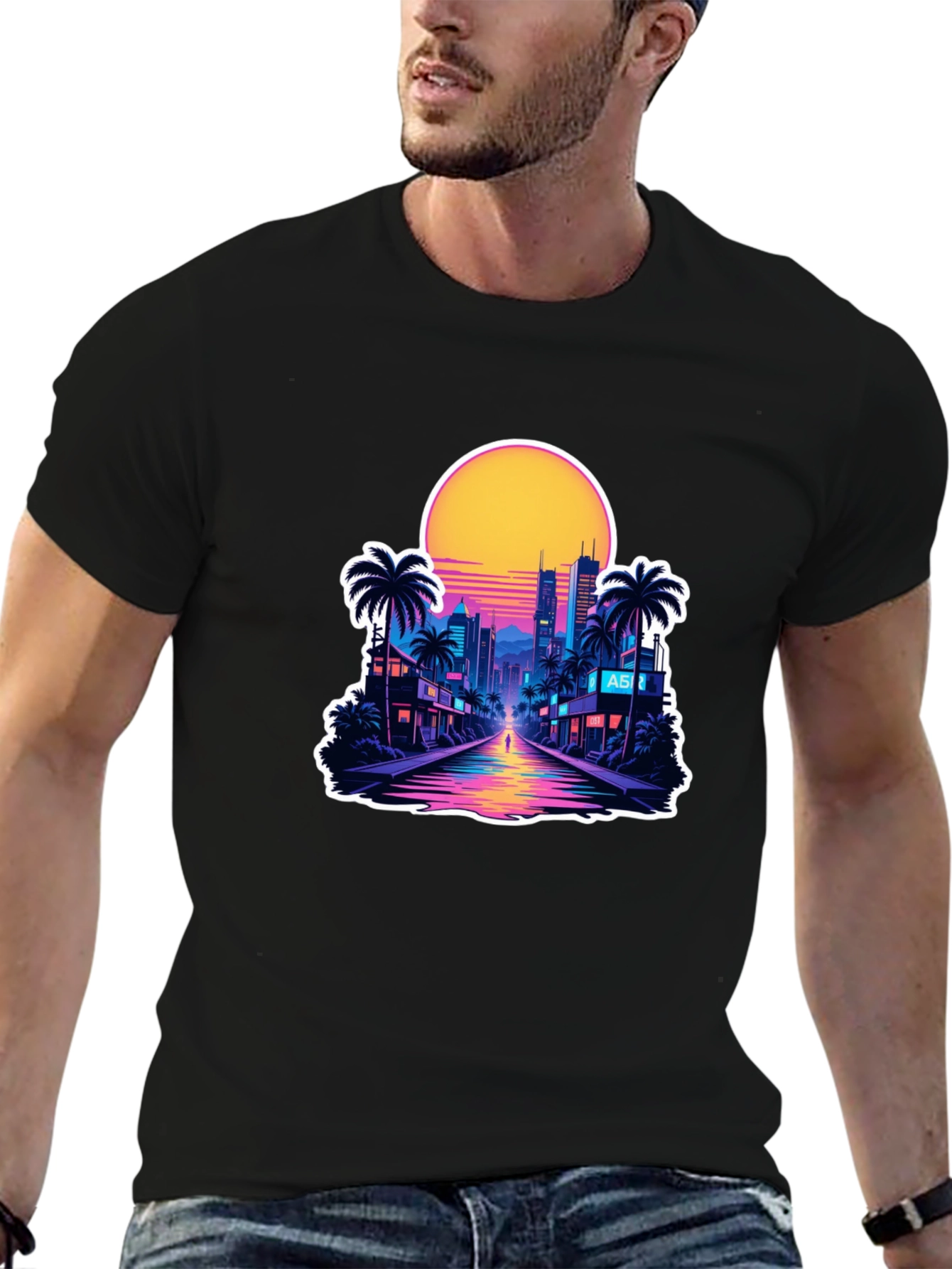 Black Retro Wave Cityscape T-Shirt view 6