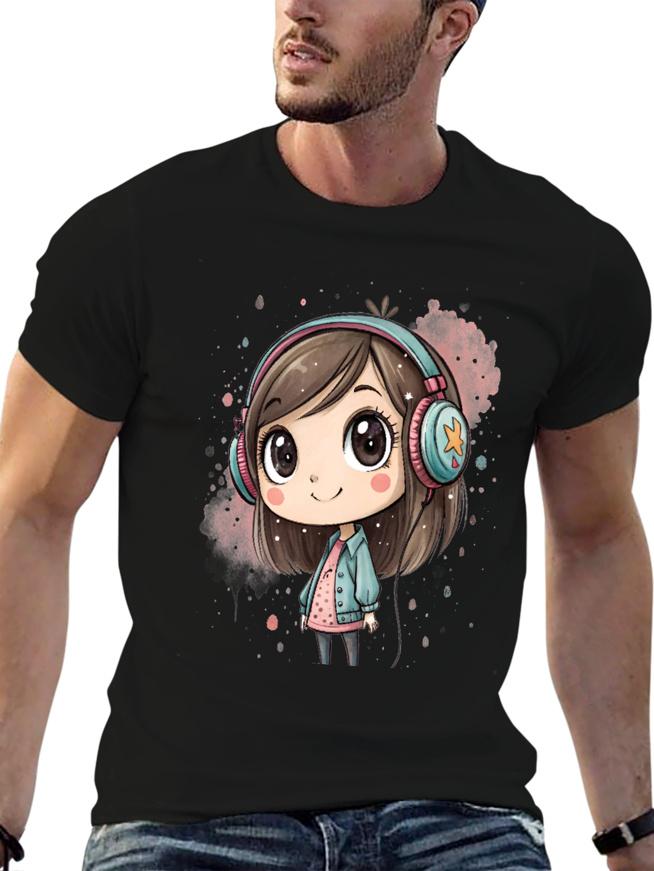 Black Cute Cartoon Girl Headphones Black T-Shirt view 6