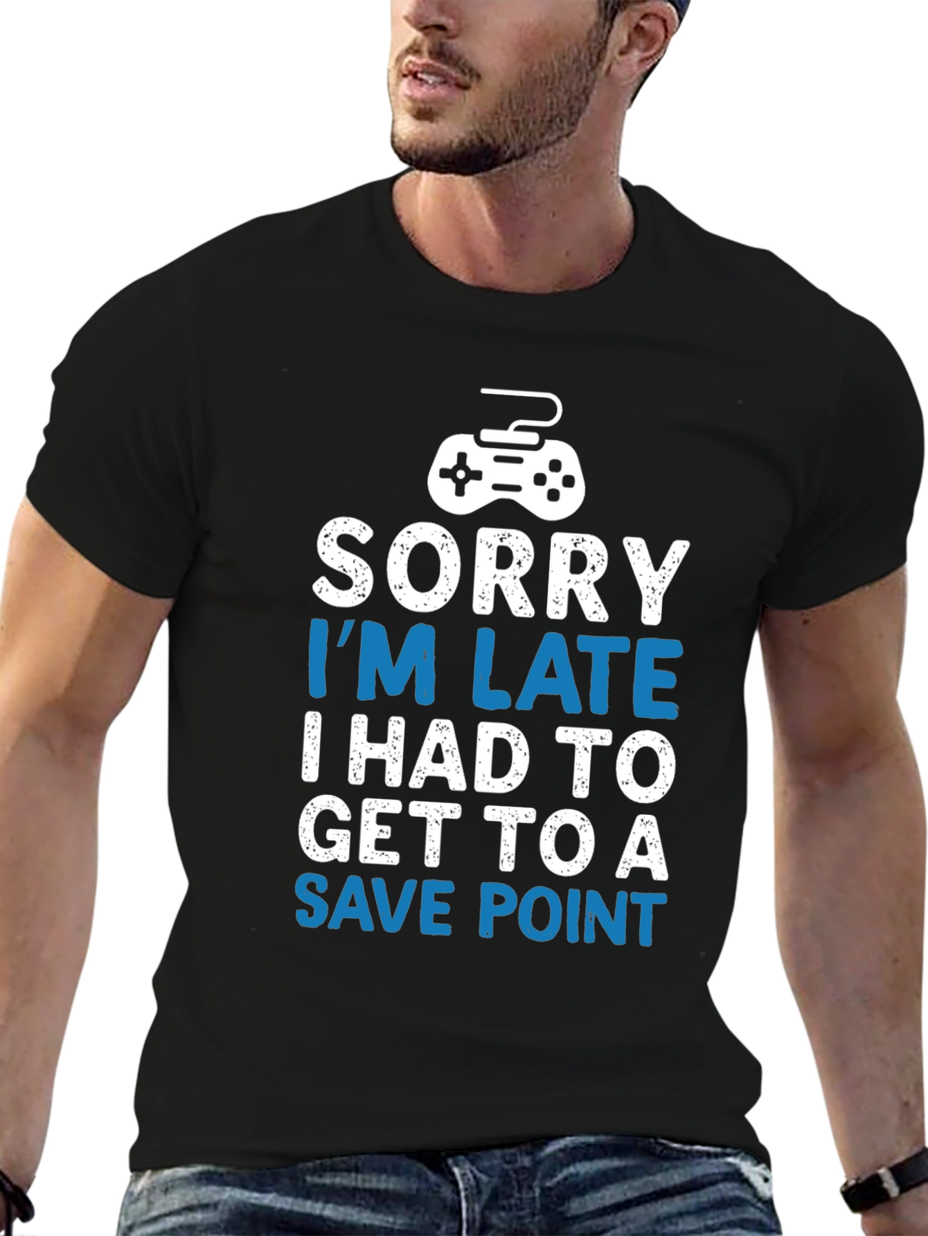 Black Gamer T-Shirt - Sorry I'm Late Save Point - Black view 6