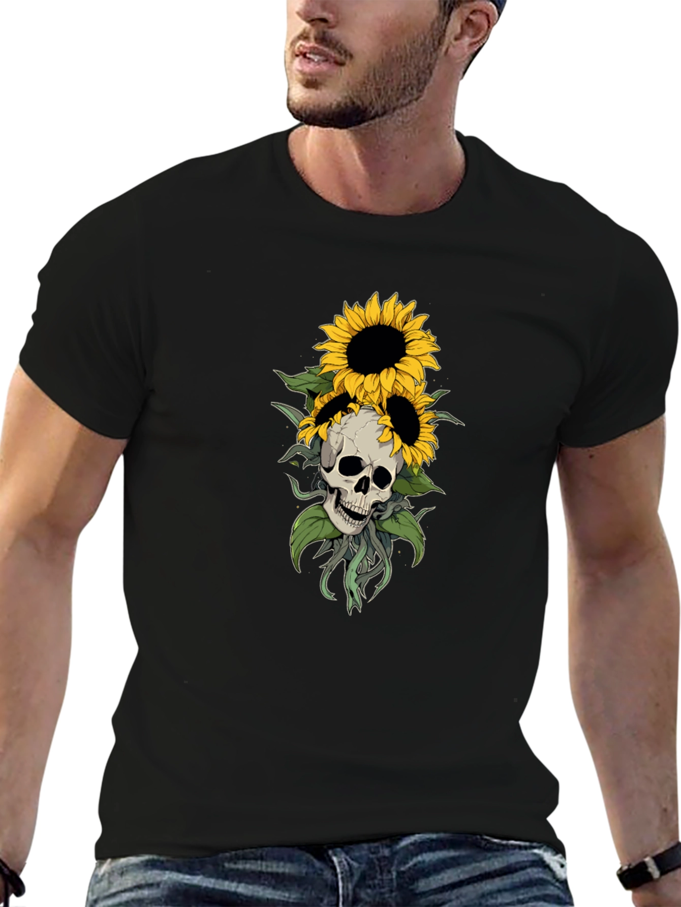 Black Skull & Sunflower Graphic Tee - Stylish Black T-Shirt view 6
