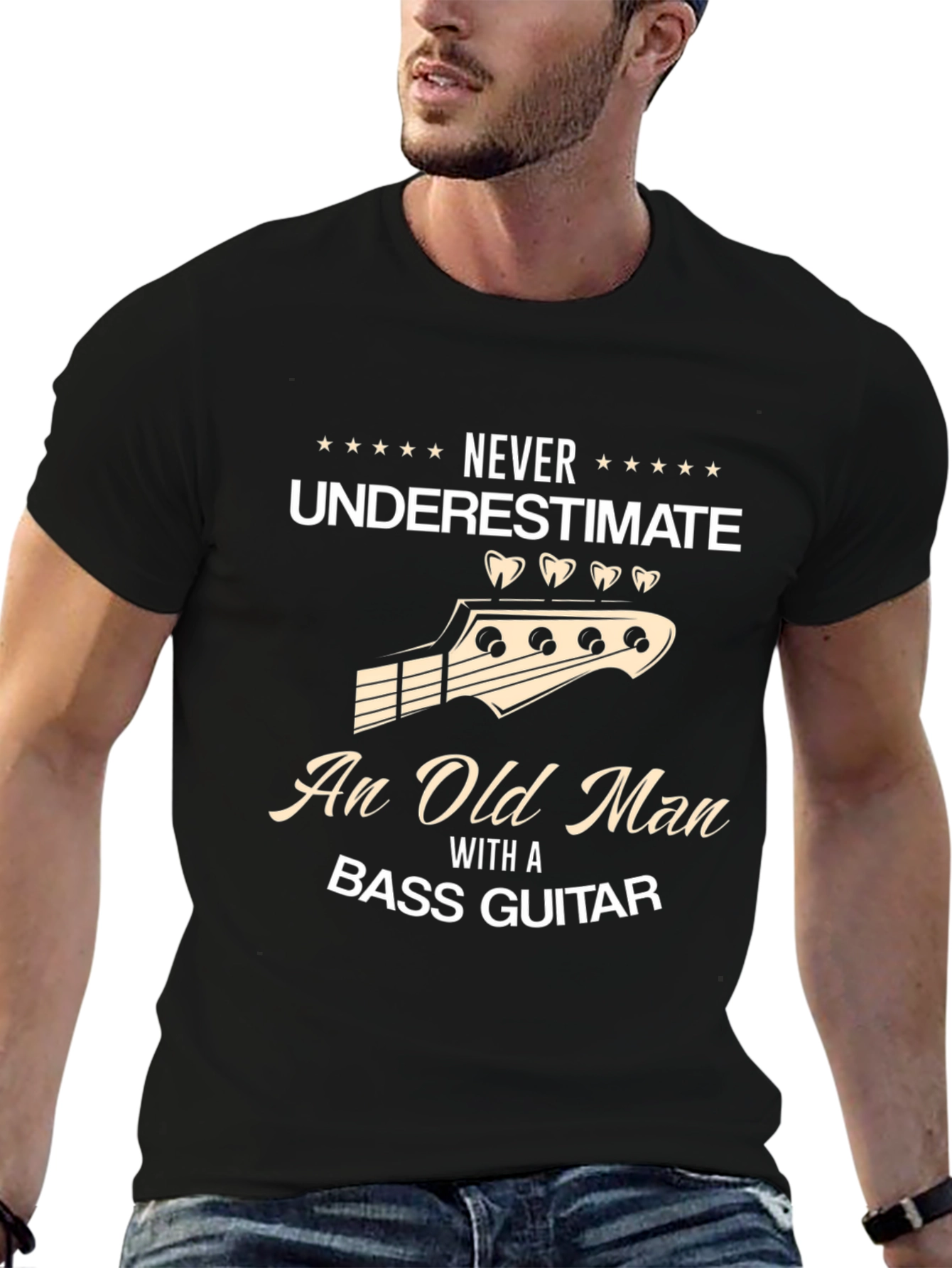 Black Bass Guitar Old Man T-Shirt - Black view 6