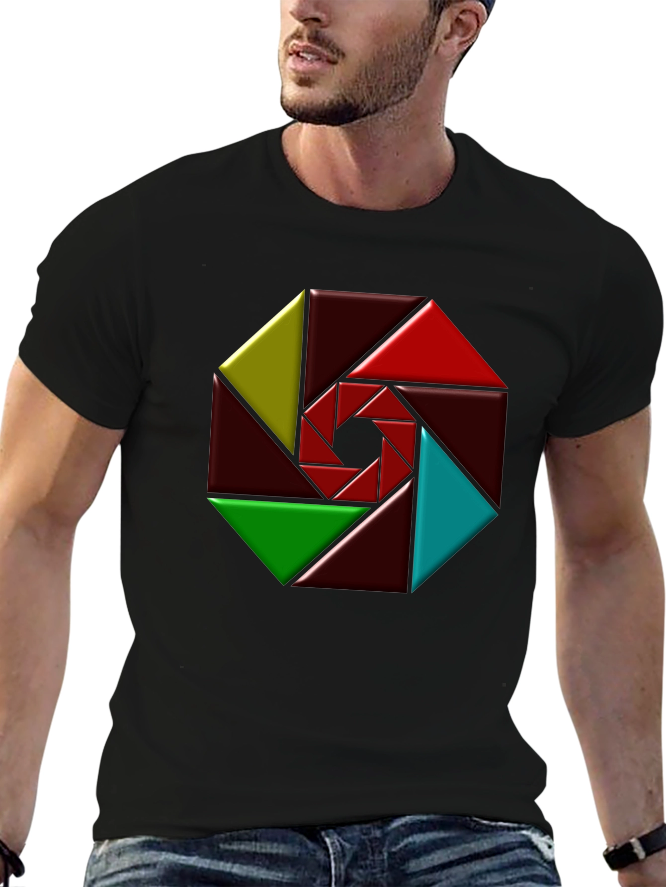 Black Geometric Design Black T-Shirt view 6