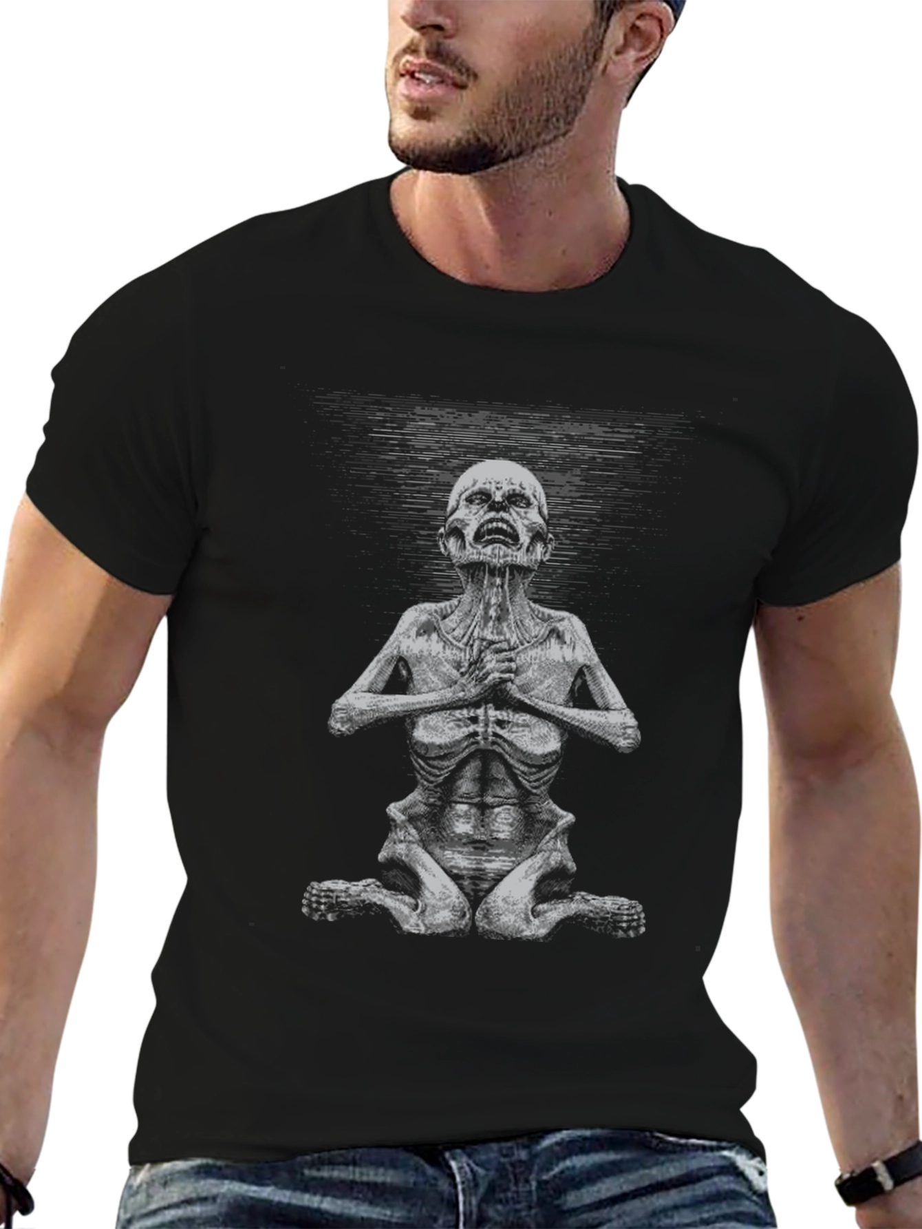 Black Meditating Skeleton Graphic Tee - Unisex Black T-Shirt view 6