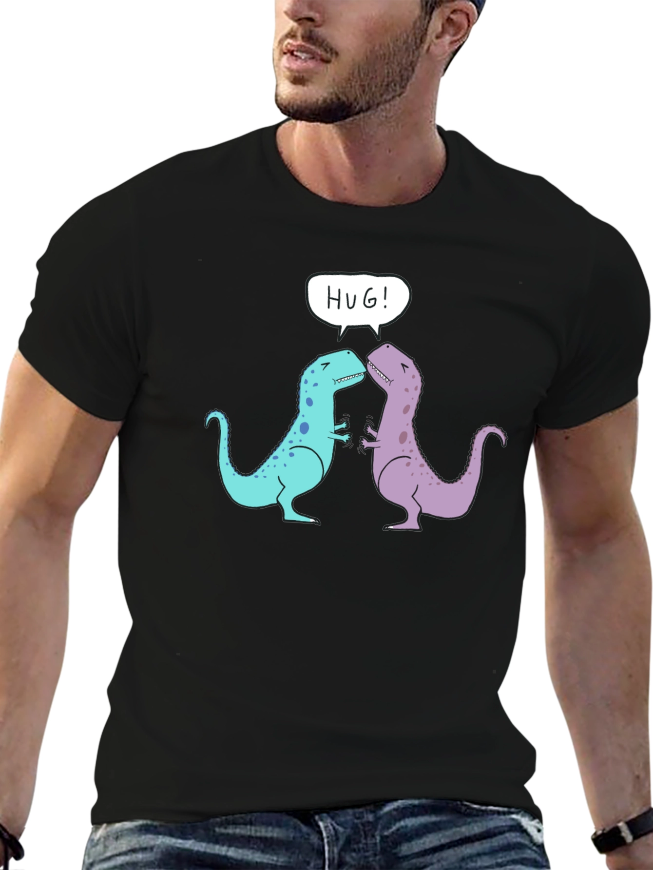 Black Dino Hug T-Shirt - Cute Cartoon Dinosaur Graphic Tee view 6