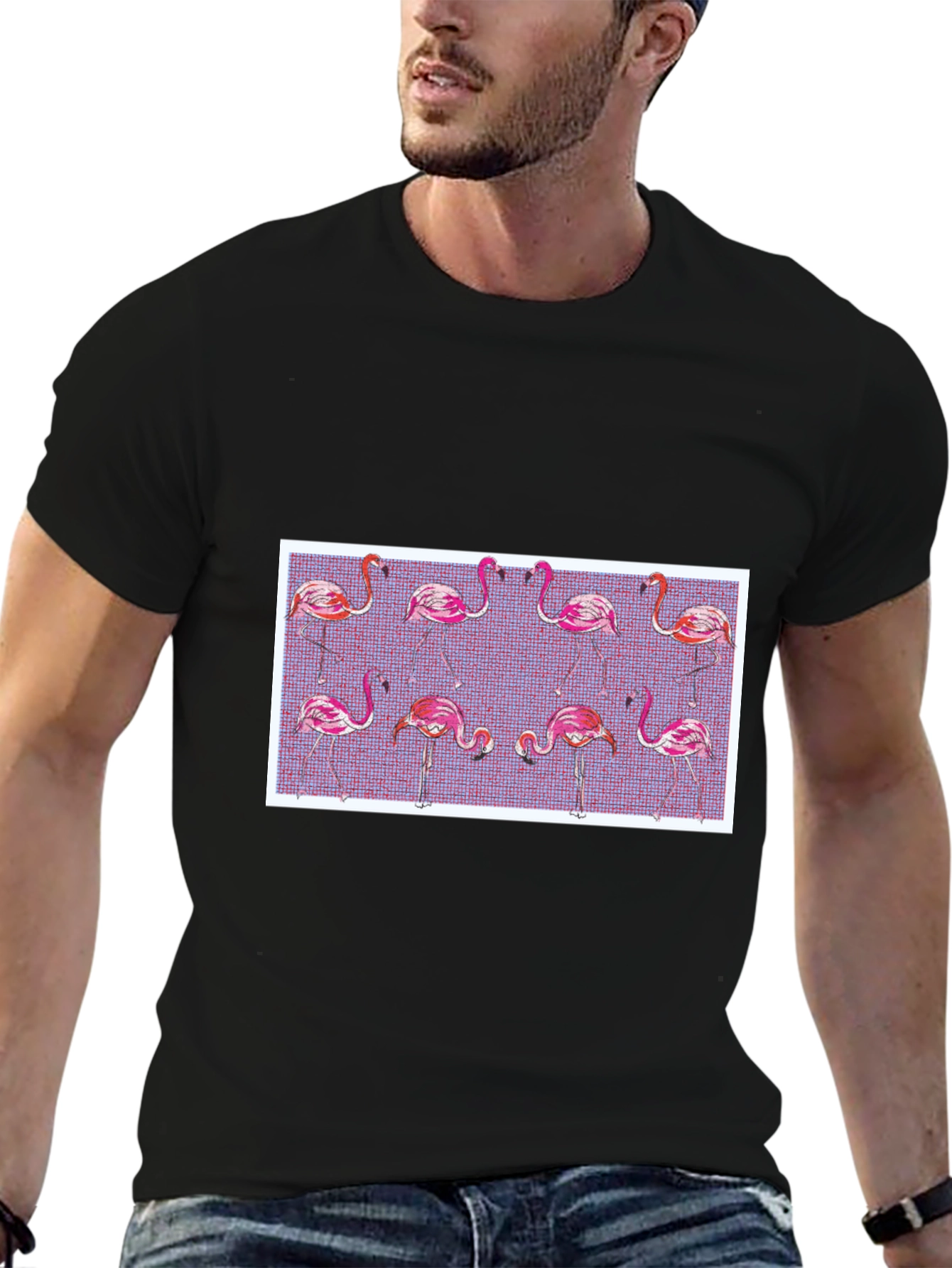 Black Flamingo Pattern Black T-Shirt view 6