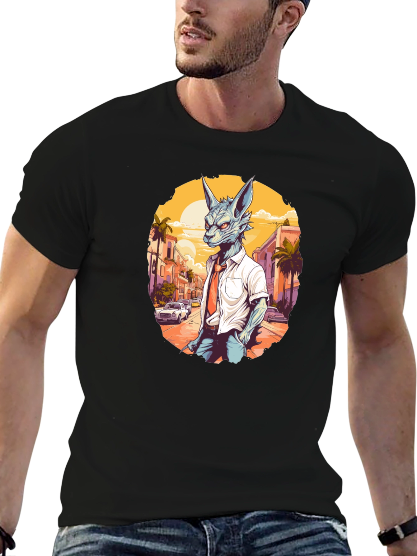 Black Anthropomorphic Wolf in Suit Graphic Tee view 6