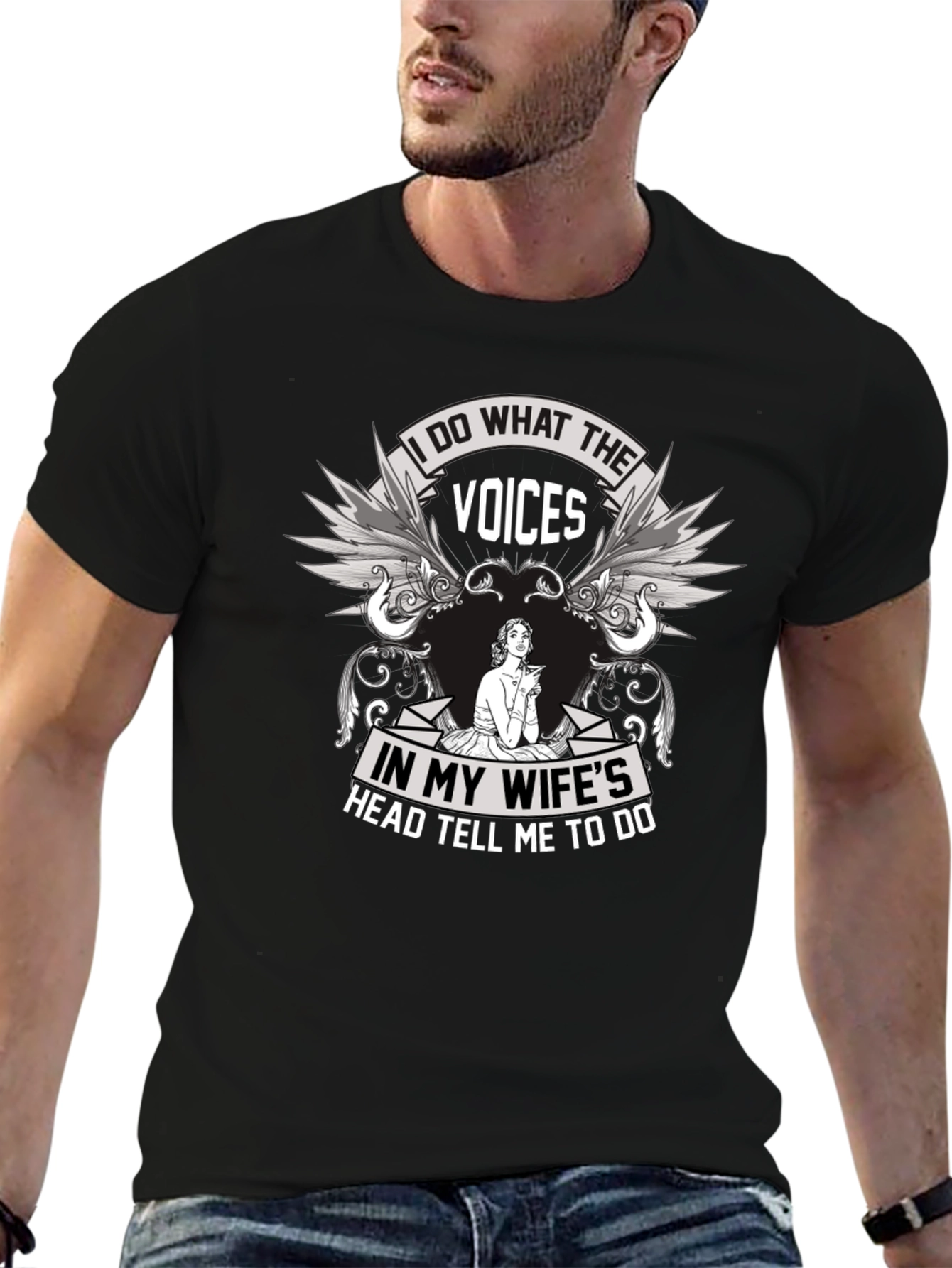 Black Humorous "Voices" Graphic T-Shirt view 6
