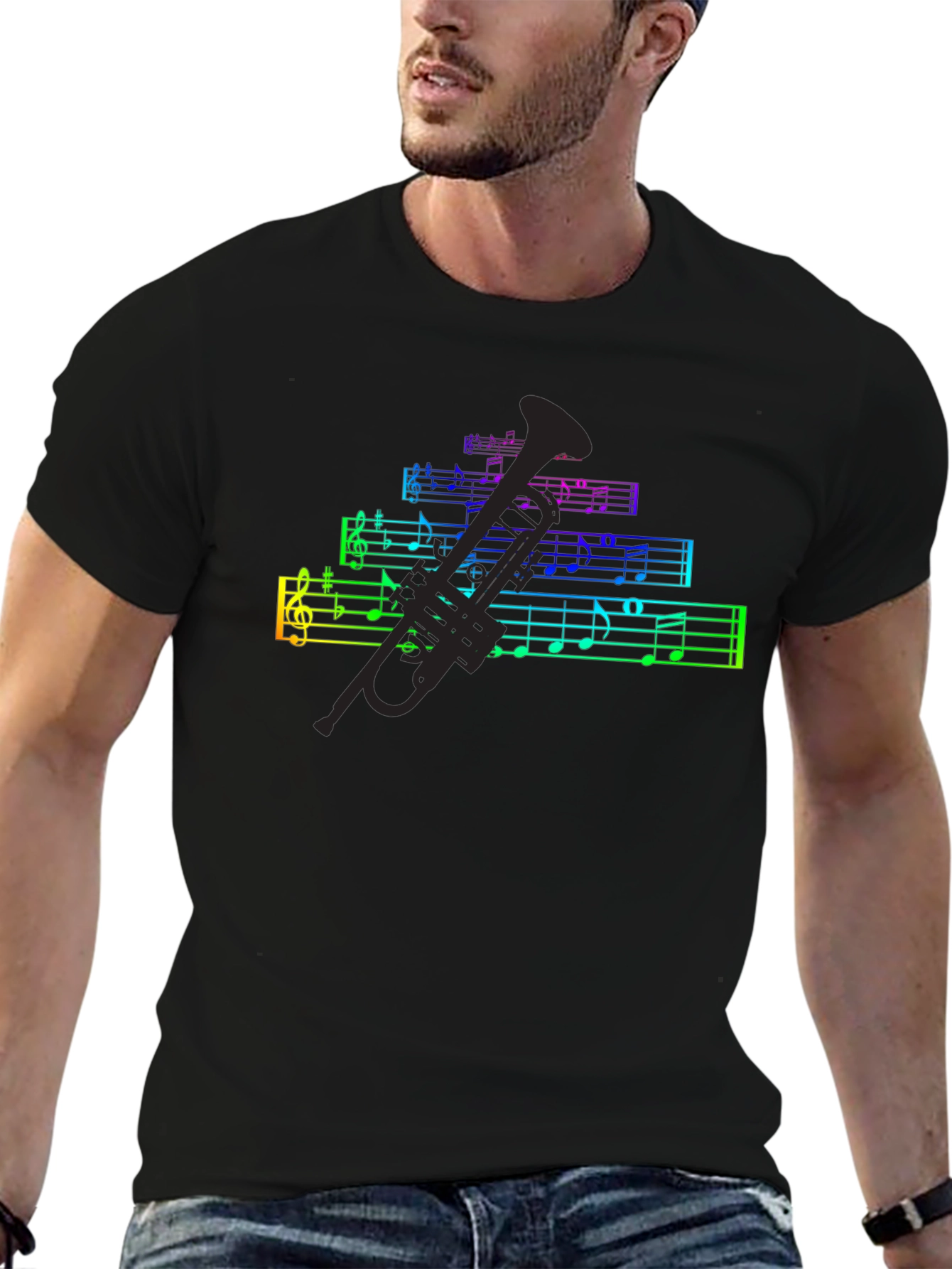 Black Rainbow Music Notes & Trumpet Black T-Shirt view 6