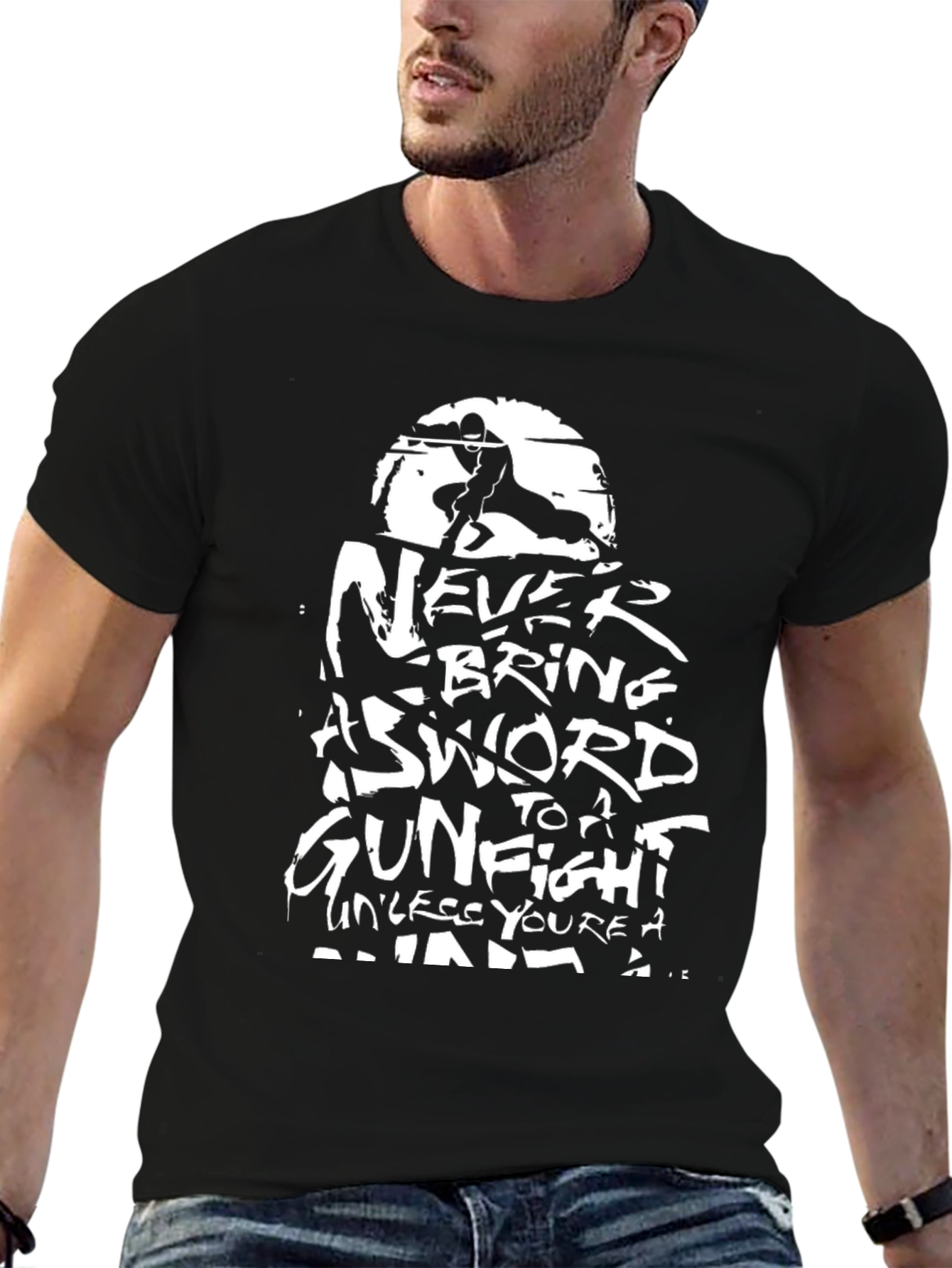 Black Ninja Sword Gunfight Men's Black T-Shirt view 6
