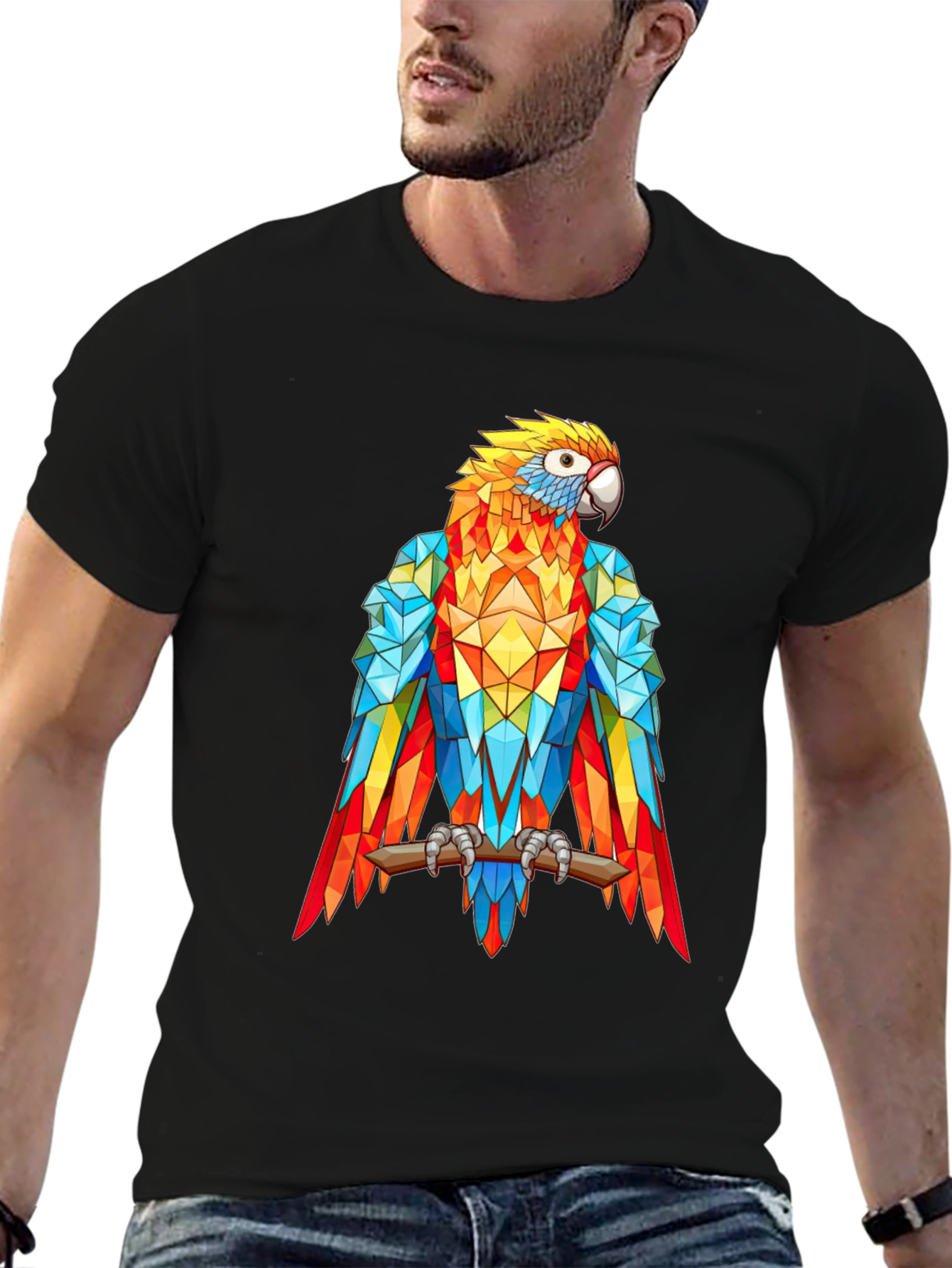 Black Geometric Parrot Graphic Print T-Shirt - Black view 6