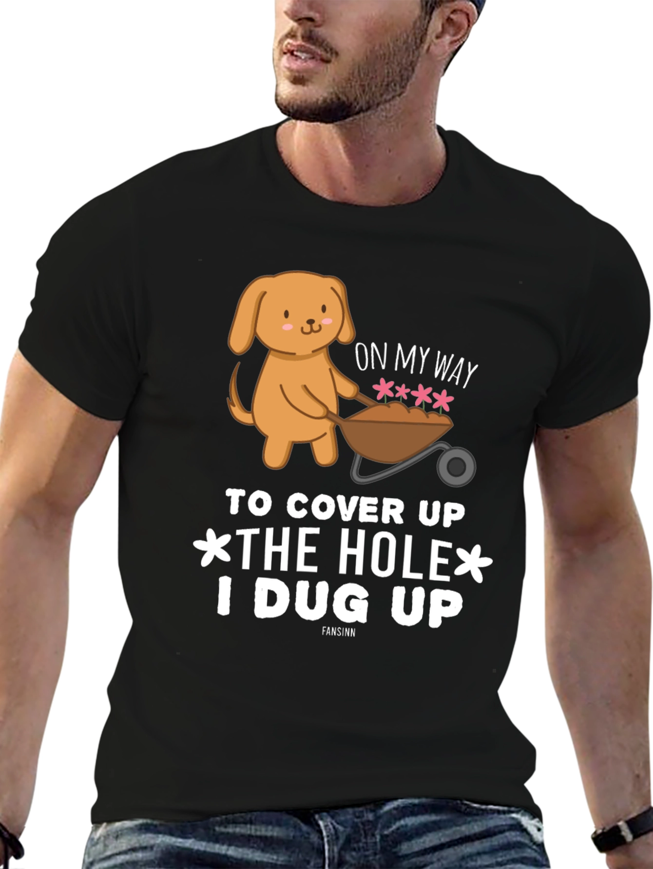 Black Cute Dog 'Cover Up Hole' Black Graphic T-Shirt view 6